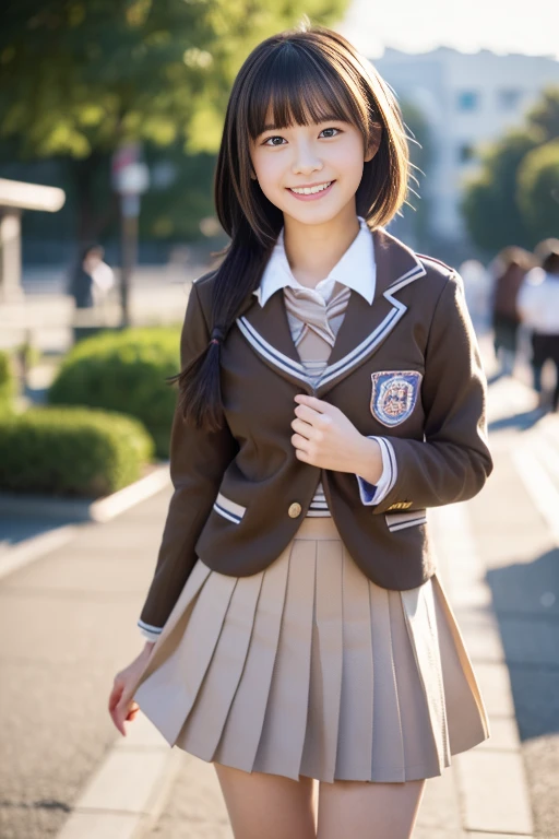 (((masterpiece))), (One beautiful Japan girl, classmates, landscape and innocence,kawaii) ,超A high resolution, Realistic, ultra-detailliert, 8K,top-quality, Extremely detailed, Detailed background,A slender,very beautiful japanese girl, Detailed face:1.3), (Boyish short-haired,A dark-haired :1.4), (a baby face,kawaii系,adorable 14 year old girl), (Perfect body:1.1), (Brown blazer, Light brown pleated mini skirt), The best smile,Show your beautiful teeth,Super Detailed Face、Detailed lips、A detailed eye、small gravure idol,Transparent skin、Lori,Japanese high school uniform with the school emblem on the chest,high-definition RAW color photography, professional photograpy, Extremely detailed,, amazing, finely detail, extremely detailed fingers, highly detailed nose, highly detail mouth, (Classroom), ((Full body shot)), Sitting on the chair,Perfect Anatomy, Photorealsitic,Photography, Perfect Skin, Warm air,(beautiful thigh,Perfect feet with no discomfort),Expectations and anxieties,sexy pose looking at camera,Please show me a glimpse of your white panties,电影灯光