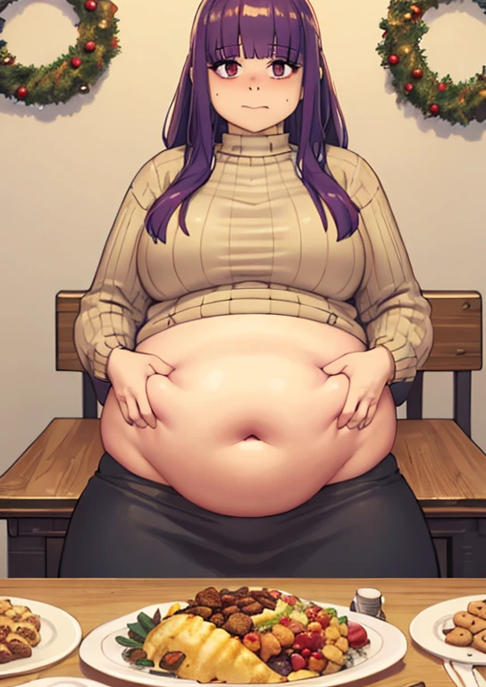 Fern, , fat, large belly, standing, grabbing belly, very fat, large stomach, chubby (best quality, masterpiece), fat belly, at, large belly, standing, grabbing belly, very fat, large stomach, chubby (best quality, masterpiece), thanksgiving, wearing sweater, grabbing belly, sitting down, table with of food, table tons of food, lots of food, holding belly, table with food, sitting, wearing sweater, Christmas, Holiday, Christmas cookies