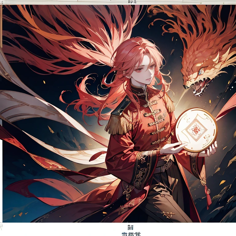 1 boy, 独奏, peach hair, light red-haired guy, straight hair, flowing straight hair, red eyes, Shirt, high boots, light clothing, subject "Scandinavia", Scandinavian clothing, looking a viewer, Fantasy art, beautiful painting, Guwaika style, epic exquisite character art, stunning character art, ember, lean (reference sheet:1.5)