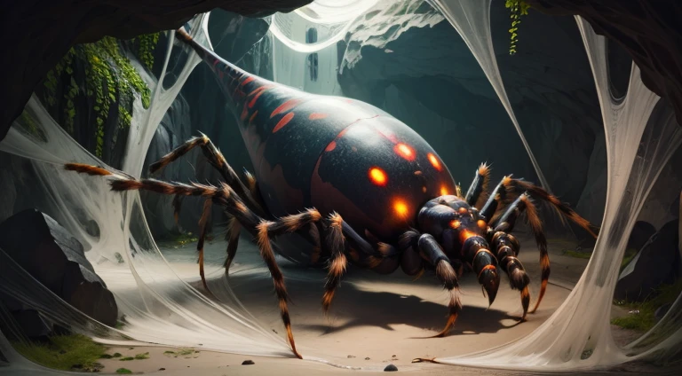 10 girls trapped within slimy sticky rubbery silk cocoons, inside large dark cave filled with spider webs, a single gigantic spider looms over, floor is covered with a slimy substance