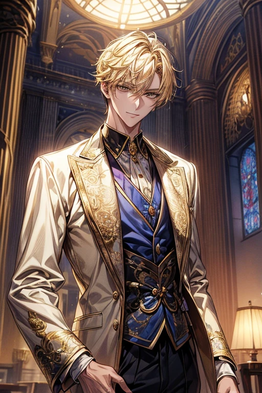 ((​masterpiece:1.2、top-quality))、1male people(((straight short hair、golden yellow hair)))、Golden Eyes(a handsome:1.4)、long eyelashes、Fantasia、校服、royalty、blooming flowers、sunlights、royal hall hall、 Detailed background, 拡散sunlights、extra detailed face、A slight smil、Depiction in motion、Tホテルの​masterpiece，best qualtiy，As a man-、アニメa handsomeな男,Wearing strict royal attire, blue and gold king costume, a handsomeなアニメのポーズ, a handsomeな見事なリアルな,eyes are golden、A sexy、Tall、190cm、manly、handsome man、Beautiful shape、Best style、