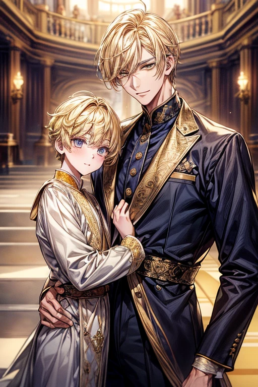 ((​masterpiece:1.2、top-quality))、1male people(((straight short hair、golden yellow hair)))、Golden Eyes(a handsome:1.4)、long eyelashes、Fantasia、校服、royalty、blooming flowers、sunlights、royal hall hall、 Detailed background, 拡散sunlights、extra detailed face、A slight smil、Depiction in motion、Tホテルの​masterpiece，best qualtiy，As a man-、アニメa handsomeな男,Wearing strict royal attire, blue and gold king costume, a handsomeなアニメのポーズ, a handsomeな見事なリアルな,eyes are golden、A sexy、Tall、190cm、manly、handsome man、Beautiful shape、Best style、