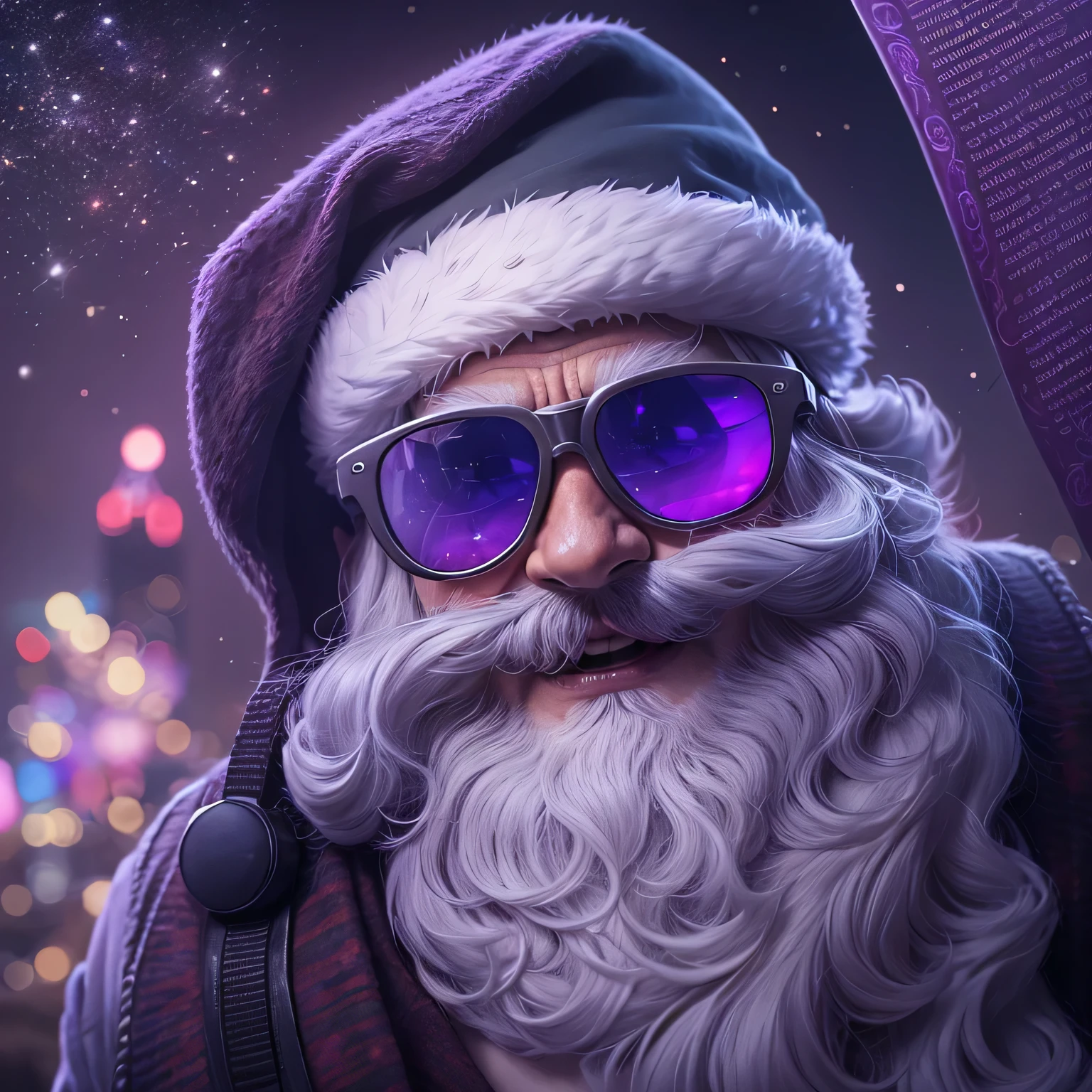 arafed image of a santa claus with sunglasses and a purple banner, actual photo, 🇺🇦, 🚿🗝📝, real atmosphere, real photo, 🐝👗👾, stu_dts, the best ever, purple magic, real ungine, crazy atmosphere, inspired by Sava Šumanović, purple glow, leon tukker, hannover