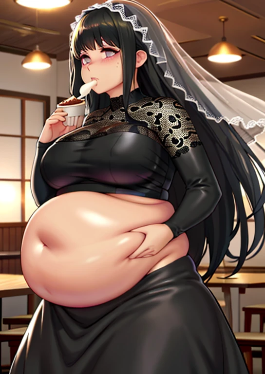 fat, big belly, chubby, osaragi, chubby, black lace dress, black veil, eating cream in a restaurant
