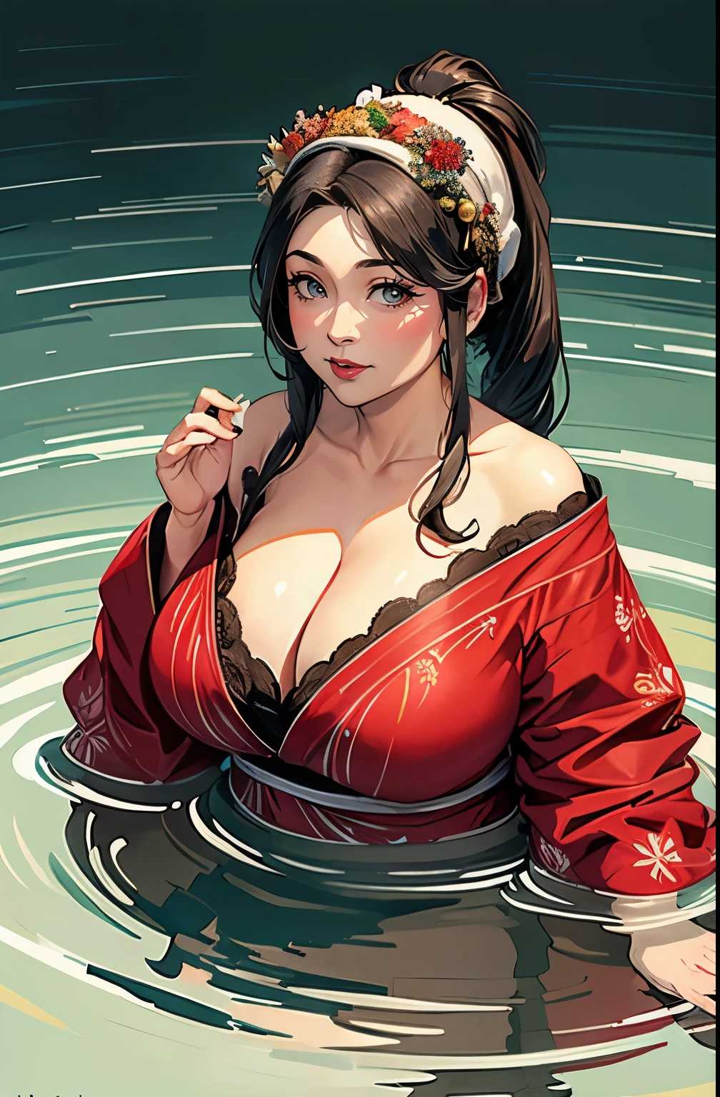 ((masterpiece)), (best quality), (cinematic), (water painting), the Goddess of the Christmas, large breasts, big eyes, long thick eyelashes, cleavage, full lips,long thick hair,  sexy posture, soft smile, high ponytail, accessories,45 years old woman,Cute Ukiyo-e,