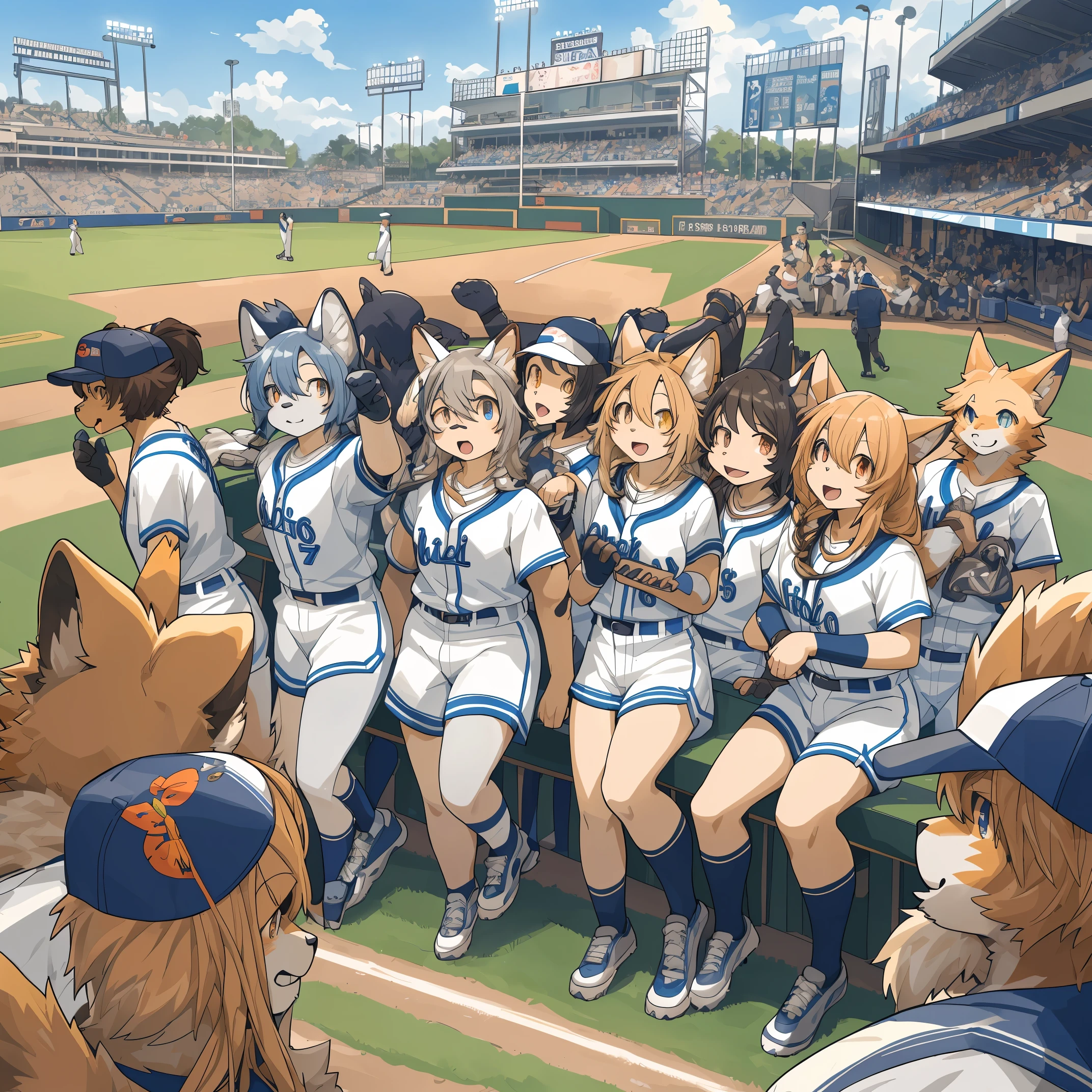 top quality, best quality, High-quality illustrations, masterpiece, super high resolution, detailed background, detailed background, Watching Baseball, group shot, 6+boys, 6+girls, Happy, joyful, absurdres(highly detailed beautiful face and eyes)perfect ???????(Photos taken with friends)(kemono, furry anthro)selfie,