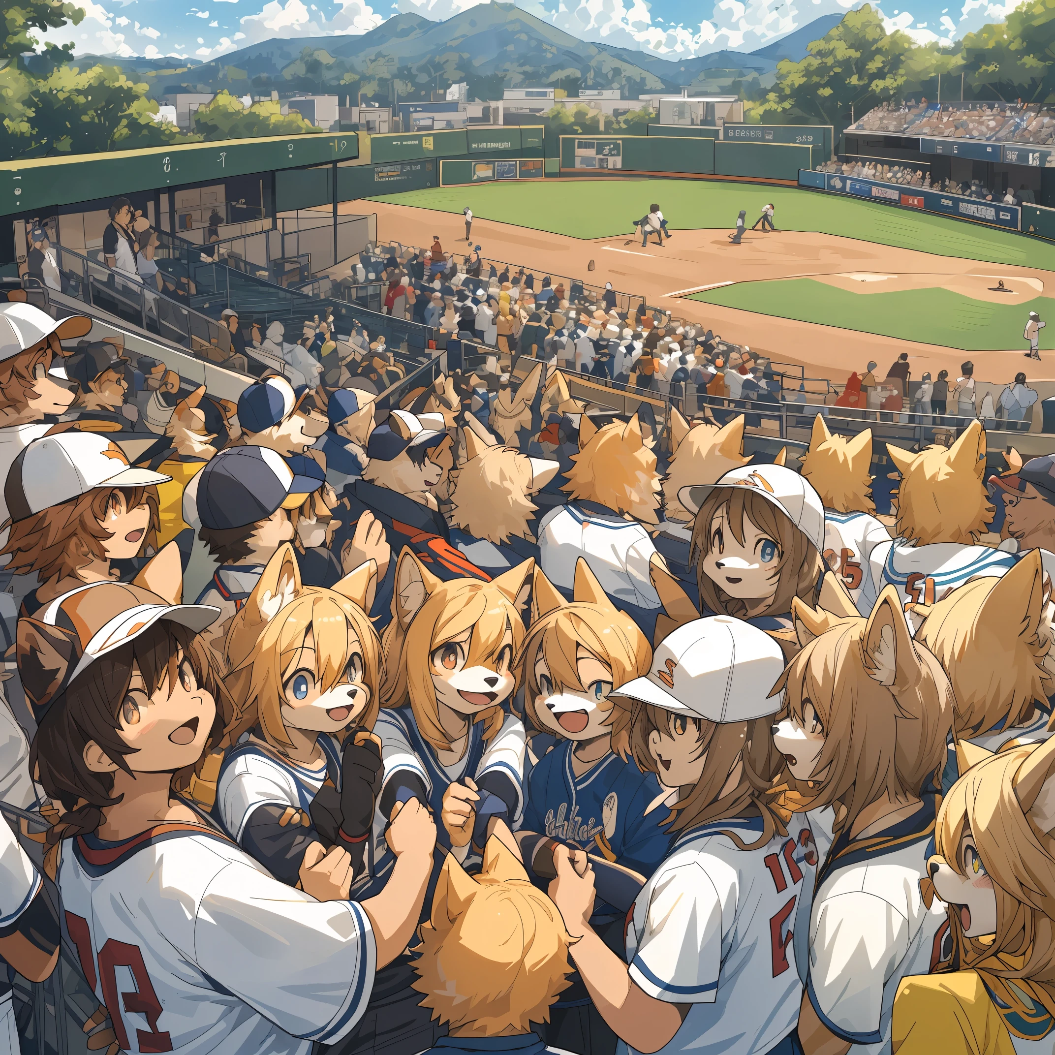 top quality, best quality, High-quality illustrations, masterpiece, super high resolution, detailed background, detailed background, Watching Baseball, group shot, 6+boys, 6+girls, Happy, joyful, absurdres(highly detailed beautiful face and eyes)perfect anatomy(Photos taken with friends)(kemono, furry anthro),