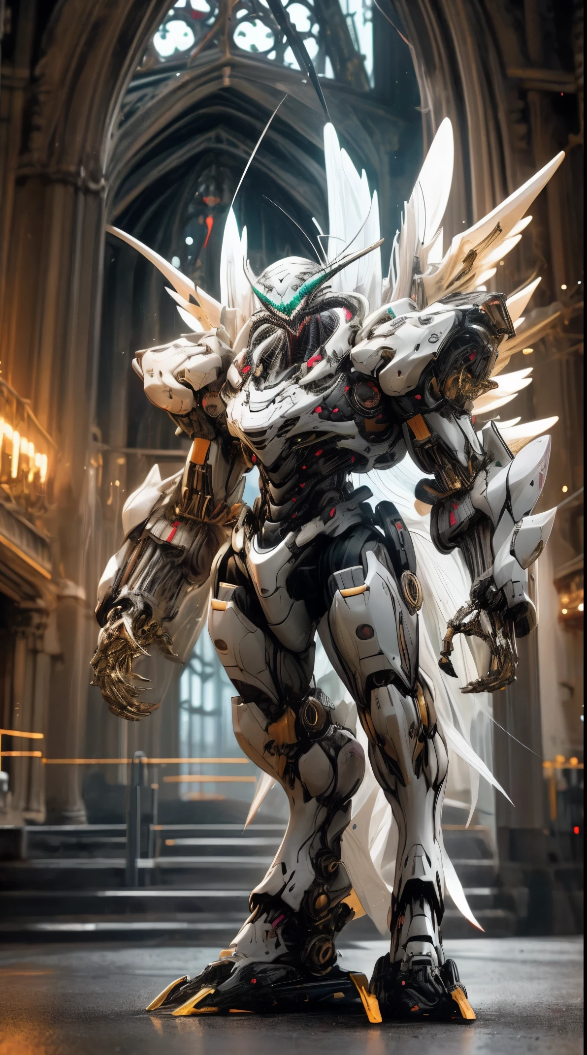 grim portrait of angel and Venom, with intricately angled cybernetic implants inside a brutalist building, gothic brutalist cathedral, cyberpunk, award-winning photo, bokeh, neon lights, cybernetic limbs, full body
