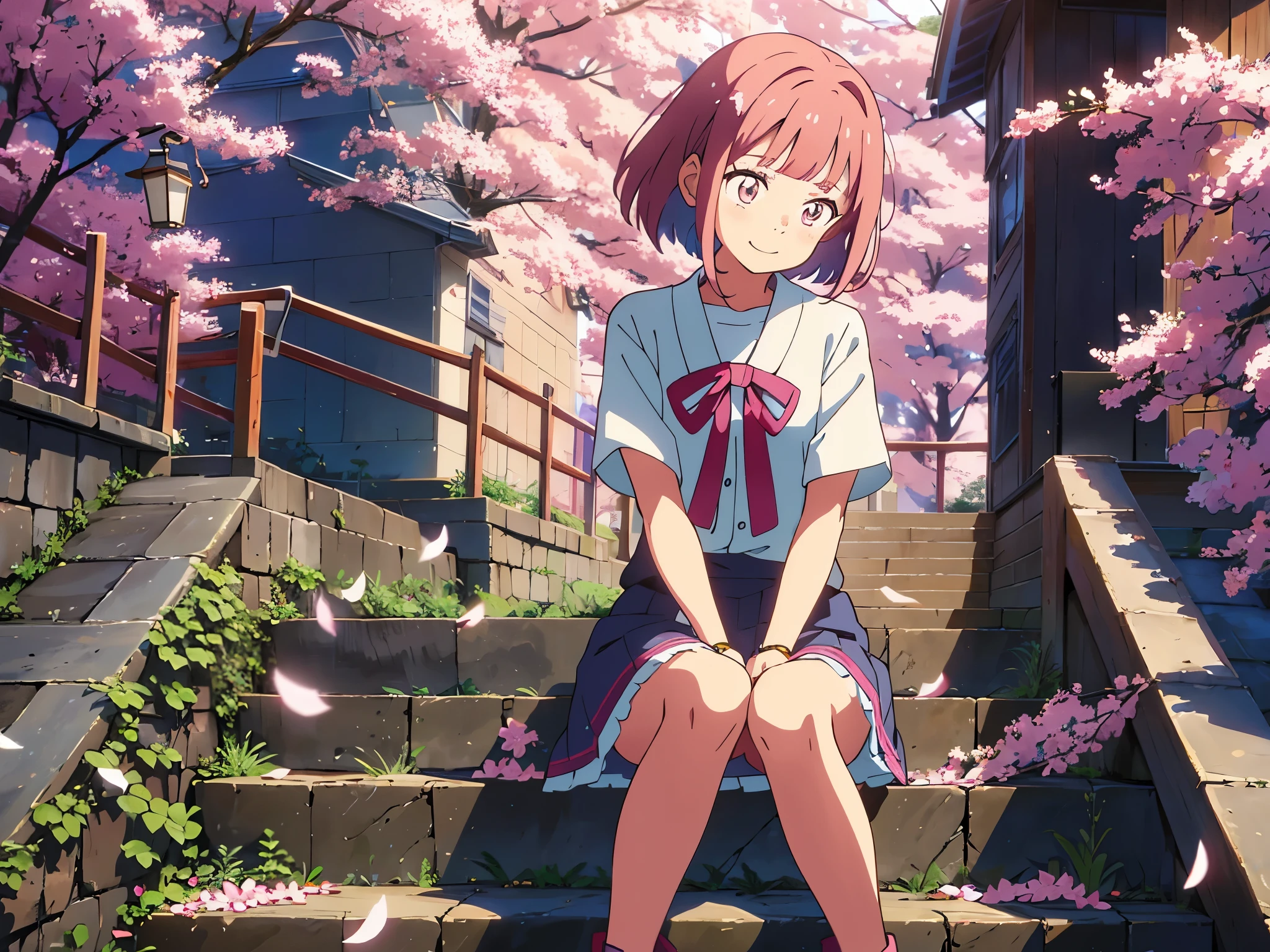 1 skinny girl,solo,SakuraNS树下,falling flower petals,Anime manga girl, pixiv, loli in dress, anime change, cute anime, cute anime girl, Curvy little loli, Anime visuals of a cute girl, cute anime, Anime cute art style, cute anime style,extremely detremely detailed CG,8k wallpaper,straightforward girl,eye closeds,12year old,Thin eyebrows,ssmile,Pink hair,Tie twisted braids behind ears,Short hair details,Qi bangs,sitting on stone steps,SakuraNS,Mary Jane shoes,whitestocking