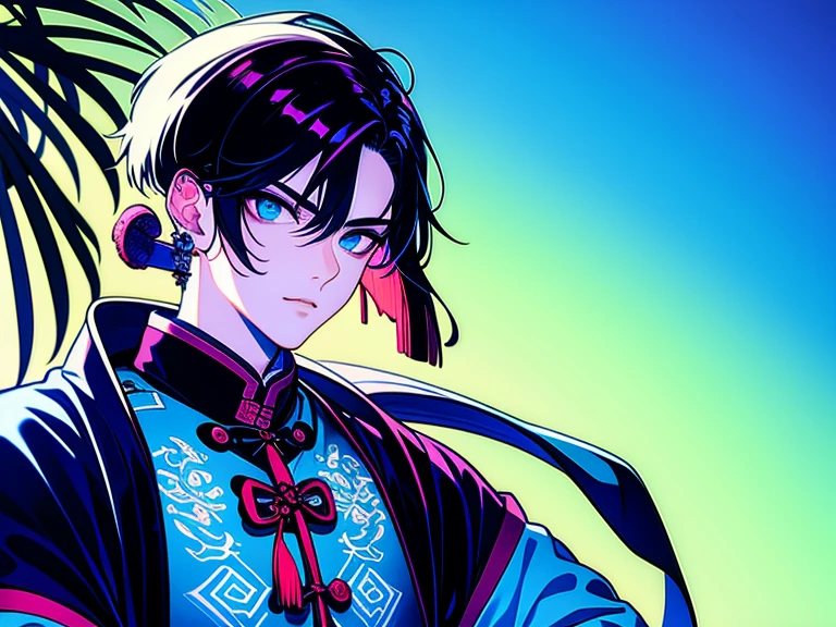 1 boy, china, ((( hanfu))), [(bamboo forest:1.5)::5] ,wearing chinese traditional clothes, mid shot, full body, (rich in details), masterpiece,(crystal decoration lab, crystal pattern, with mecha robot cyberpunk details:0.6),long sleeves, warrior pose, confident expression, heroic, strong, empowered, black gloves, hair order, (horrible atmosphere), Tidal effect, (Balance and coordination between all things), handsome, absurdity, plasma, particle effects, crystal clear texture,star_\(sky\), space, starry_sky, galaxy, solo, short_hair, cleavage, earth_\(planet\),illumination,light,dynamic angle,depth of field,light and shadow,Real light and shadow,diffuse reflection