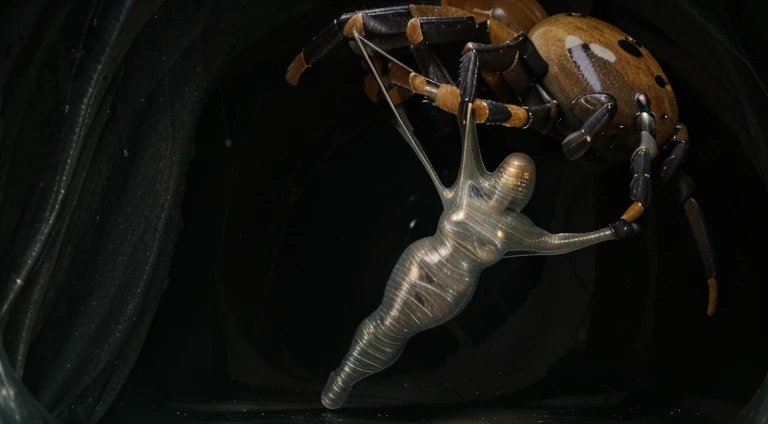 10 girls trapped within slimy sticky rubbery silk cocoons, inside large dark cave filled with spider webs, a single gigantic spider looms over, floor is covered with a slimy substance