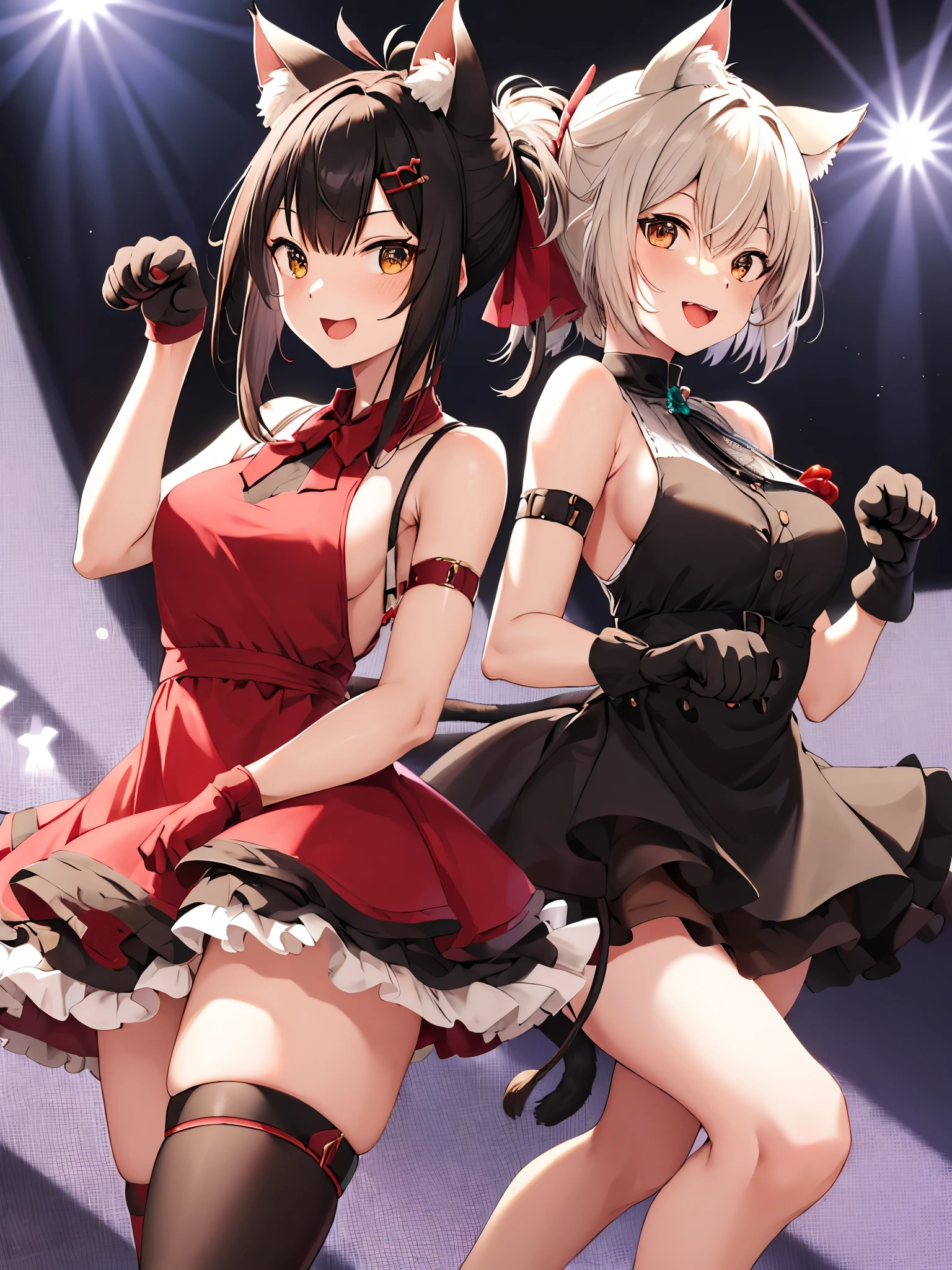masutepiece, Best Quality, hight resolution, Maemik, Short hair, Ponytail, tusk, Animal ears, Cat tail, Hair Ornament, Hair Ribbon, medium breasts, Dress, Sleeveless, arm strap, frilld, layered Dress, animal hands, gloves, Standing, Cowboy Shot, PAW Pose, Smile, Open mouth, stage