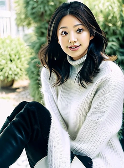 Top quality, masterpiece, 16K, (raw photo, photorealistic, professional photography:1.2), extremely detailed, ultra-high res, (natural daylight, fairly detailed skin texture:1.3), (from front, correct anatomy:1.5), pov, winder, noon, outdoor, city, park, 1 girl, Japanese , 17 ylo, ((full body, looking at viewer:1.2)), black hair, long hair, curled hair, (shiny skin:1.1), (finely detailed skin:1.5), (bright eyes, dark eyes:1.4), eyeshadow, (tall nose:1.4), beautifully detailed nose, beautiful lips, pink lipstick, (light smile:1.3), perfect body, (tall, slender:1.5), (beautiful breast:1.4), ((black-long coat:1.3)), ((wedgie sweater, white sweater:1.5)), ((black-miniskirt:1.4)), ((knee-high boots:1.5)), ((waking:1.4)),