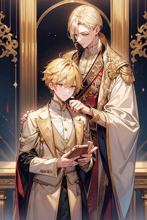 ((masterpiece:1.2、top-quality))、1male people(((straight short hair、golden yellow hair)))、Golden Eyes(a handsome:1.4)、long eyelashes、Fantasia、校服、royalty、blooming flowers、sunlights、royal hall hall、 Detailed background, 拡散sunlights、extra detailed face、A slight smil、Depiction in motion、Tホテルのmasterpiece,best qualtiy,As a man-、アニメa handsomeな男,Wearing strict royal attire, white and gold royal costume, a handsomeなアニメのポーズ, a handsomeな見事なリアルな,eyes are golden、A sexy、Tall、190cm、manly、handsome man、Beautiful shape、Best style、