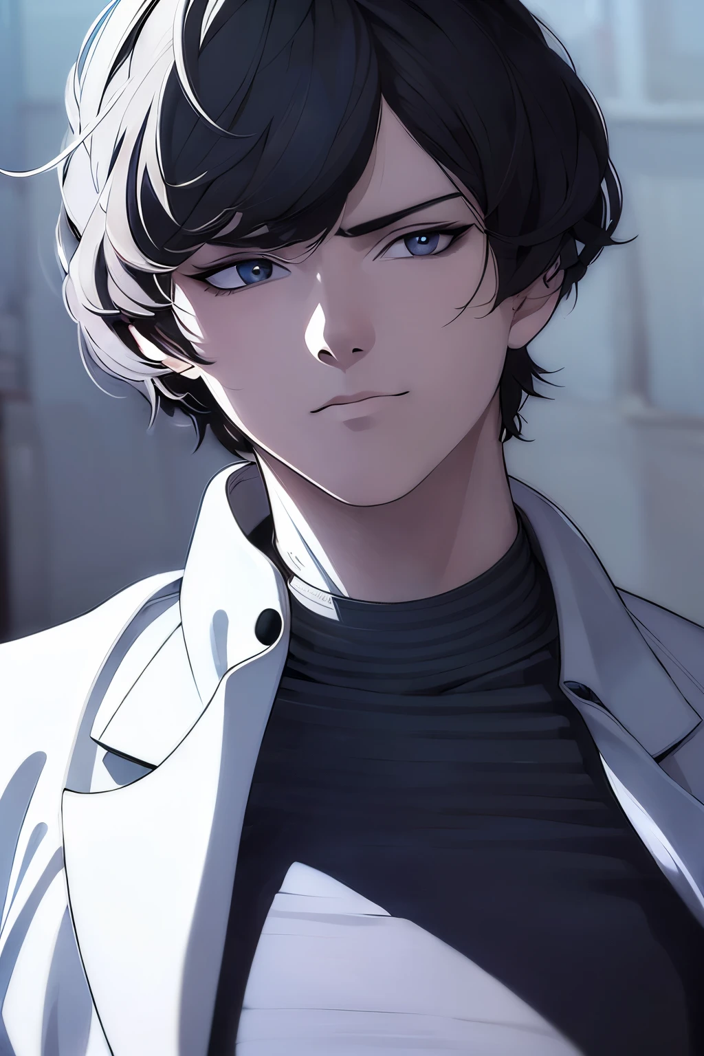 (best quality, realistic:1.37), detailed portrait, man, black short hair, faux cut style, pale skin, brown chiseled face, intense eyes, defined facial features, confident expression, modern clothing, standing posture, dramatic lighting, vibrant colors, high contrast, cinematic feel