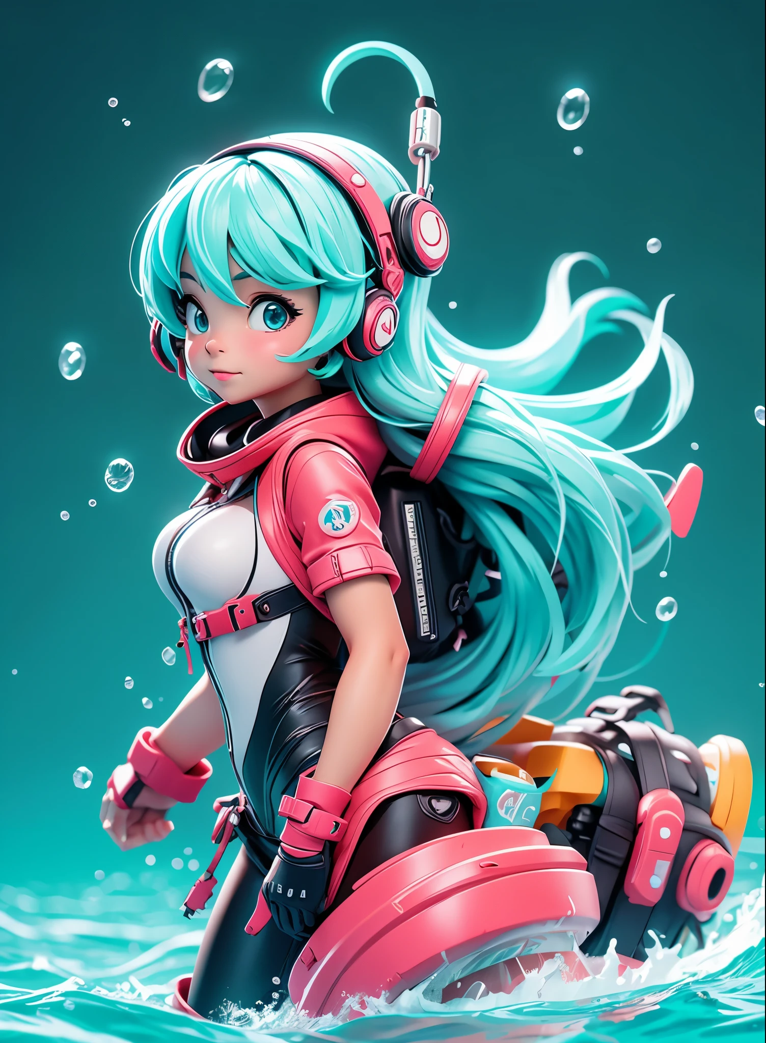 miku hatsune,swim with dolphins in the ocean,Beautiful breasts,Diving suit,snorkel,The corals