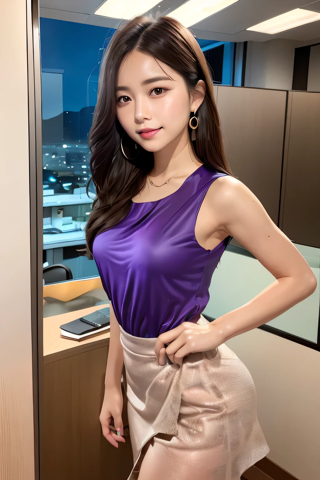 Sea Artbot
Txt2Img
Sea Art 2.0
12:00:17 Expires in 29 days
(masutepiece:1.3), High resolution, ultra-detailliert, the Extremely Detailed CG Unity 8K Wallpapers, Realistic, photo-Realistic, Raw photo, beautifull detailed face, pale skin, Realistic glistening skin, Detailed Cloth Texture, detailed hair texture, Perfect body, Beautiful face, 准确, Anatomically correct, Highly detailed face and skin texture, Natural neck length, (beautiful hand air skin:1.2), thin legs, Thin feet, BREAK, Detailed eyes, symmetrical eye, Light brown eyes, Double eyelids, Thin eyebrows, (Glossy lips:1.4), ((gently smiling:1.2)), (blush:1.1), BREAK, (Classy and cute girl:1.3), (Wearing classy sleeveless (high-necked) (Light pink) Blouse:1.2), ((Purple) Irregular hem skirt:1.2), (Close the button), medium large breasts, (Slender figure:1.1), Firm abs, Beautiful collarbone, (Dark blonde hair, Wavy Hair, Long hair:1.2), ((asymmetrical bangs:1.2)), BREAK, ((Standing leaning against the wall of the office:1.3)), ((In a fashionable office at night:1.4)), (Cowboy Shot:1.2), looking side at viewer, From Side:0.65,