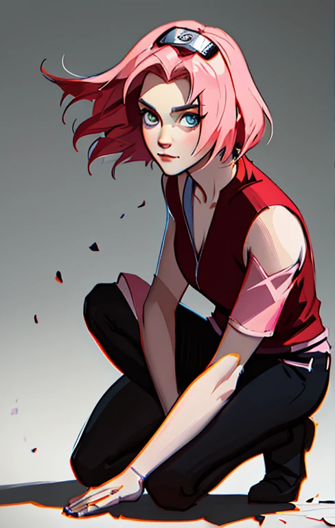 Sakura haruno, ANIME NARUTO, NINJA, ((forehead the show)), charming,fitness, attractive, wearing a ((red blouse)), pink hair, delicate, young, short hair, detailed face, kissing boyfriend, full body, looking at the viewer, bandana on the head, trend in art by rhads, andreas rocha, rossdraws, makoto shinkai, laurie greasley, lois van baarle, ilya kuvshinov and greg rutkowski