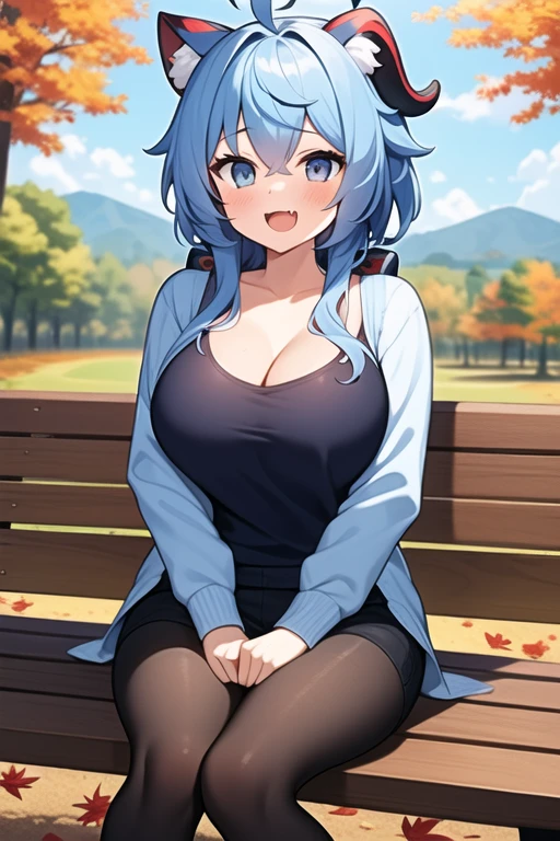 ^^^, :d, =3, = =, blush, breasts, collarbone, blue hair, doyagao, fang, huge breasts, open mouth, shirt, smile, blue sky, ahoge, autumn, autumn leaves, bag, nekomimi, bench, blue eyes, looking at viewer, outdoors, park, park bench, sitting, 1girl, ganyurnd,