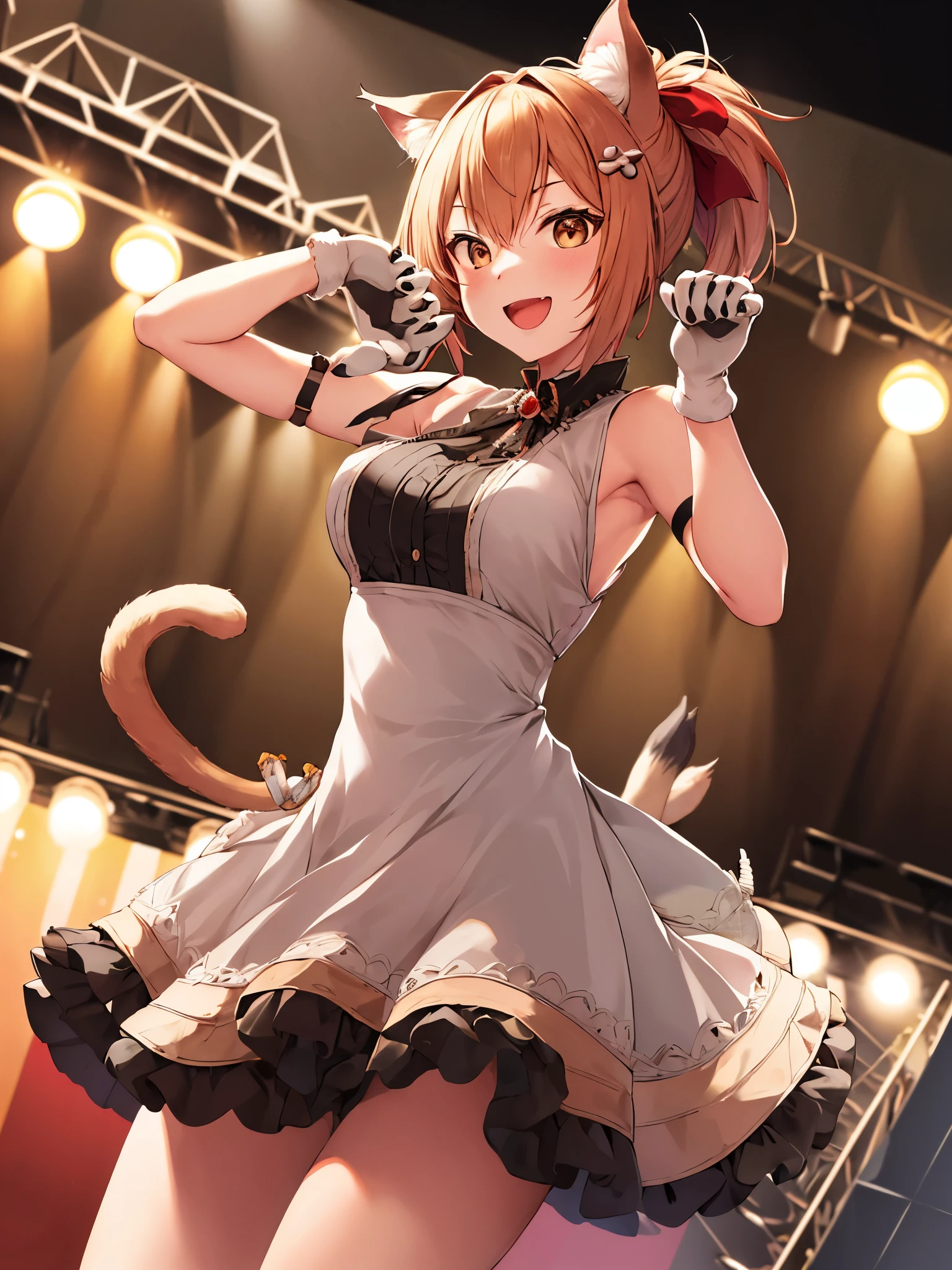 masutepiece, Best Quality, hight resolution, Maemik, Short hair, Ponytail, tusk, Animal ears, Cat tail, Hair Ornament, Hair Ribbon, medium breasts, Dress, Sleeveless, arm strap, frilld, layered Dress, animal hands, gloves, Standing, Cowboy Shot, PAW Pose, Smile, Open mouth, stage