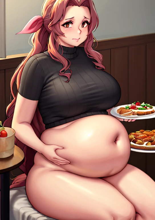 big belly, sitting, pregnant, fat, large stomach, fatty, fat, large belly, standing, fat belly, very fat, large stomach, chubby,very fat, safe for work, obese, giant belly, fat, Aerith Gainsborough, fat belly, at, large belly, standing, grabbing belly, very fat, large stomach, chubby (best quality, masterpiece), thanksgiving, wearing sweater, grabbing belly, sitting down, table with of food, table tons of food, lots of food, holding belly, table with food