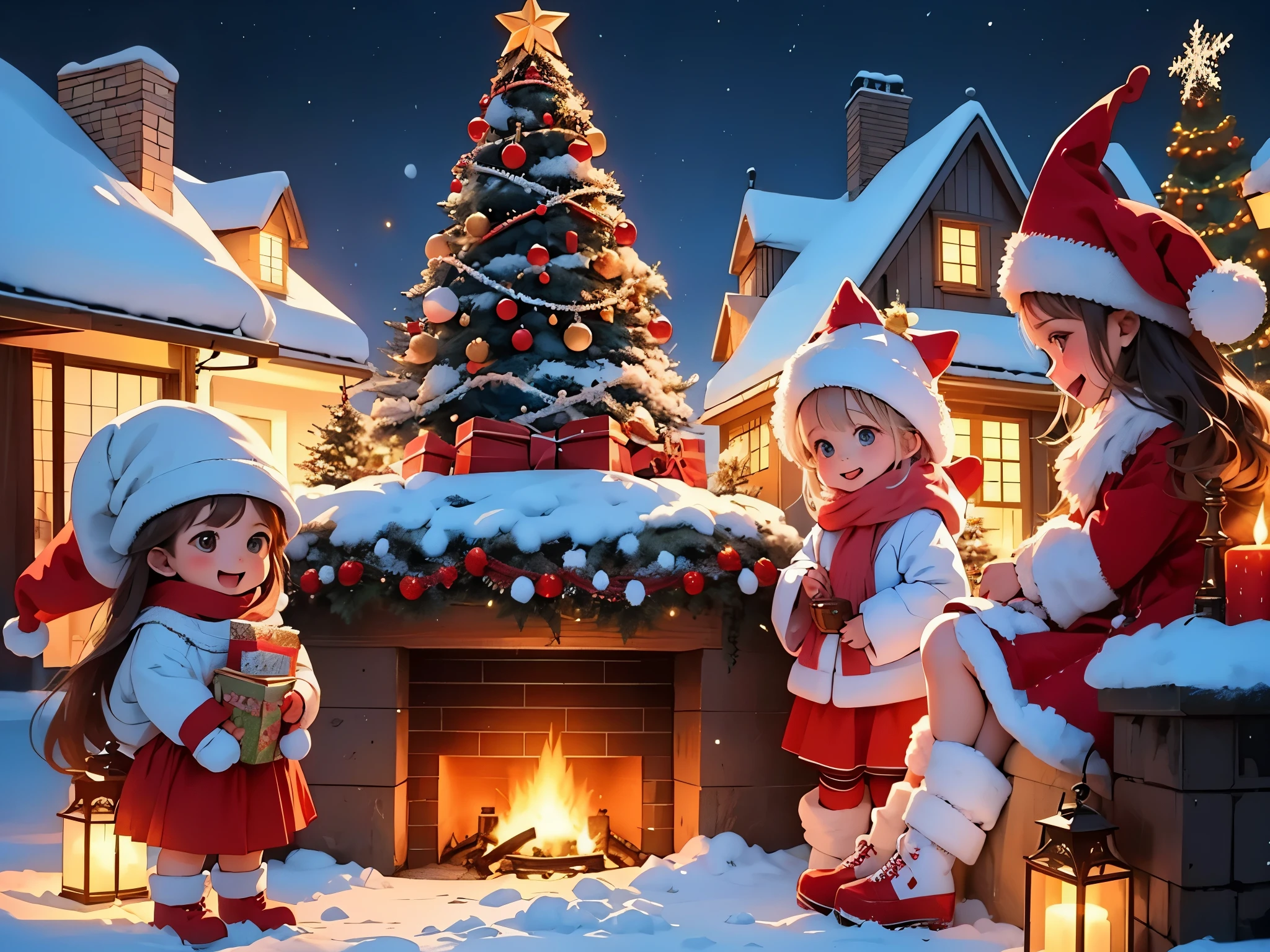 high quality, 4k, Christmas stickers, festive atmosphere, colorful stickers, cute characters, joyful holiday scene, sparkling decorations, snowflakes, Santa Claus, reindeer, snow-covered landscape, cozy fireplace, twinkling lights, cheerful children, Christmas tree, presents, stocking, holiday spirit, warm and inviting, joyful celebration, winter wonderland, candy canes, gingerbread house, ornaments, happy faces, magical moments, family gathering, holiday traditions, peace and love