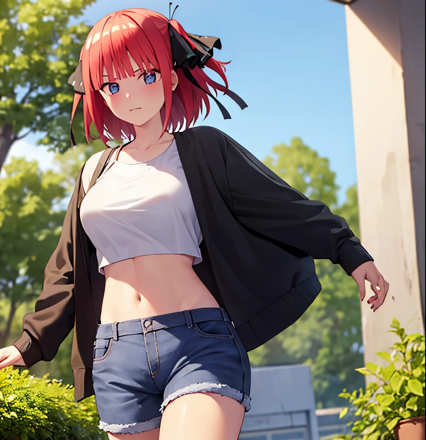 masterpiece, best quality, highres, nn1, 1girl, hair ribbon, short hair, jean, crop top, cowboy shot, standing, outdoors,