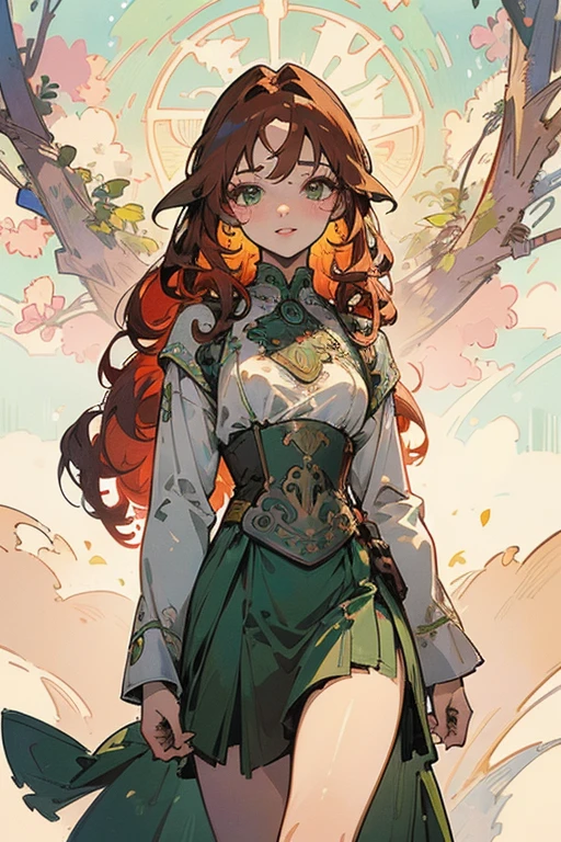 (Masterpiece:1.3best quality), (impressionism:1.4), (Alphonse Mucha:1.3), round_iris, crispy crystalline glistering Green eyes, Perfect_anatomy, eyes focus, delicate hands, 

1girl, Mature, Feminine Expression, Blissful expression on his face, Walking, upskirt_holding,

Detailed_Silk_RedhaiRed, Curly_Hair, flowing_Hair, Hair_ornament, forehead, jelly_Green_eyes, Long eyelashes, eye liner, Red_lipstick, parted lips, Smile Smirk, round_가슴, Small_가슴, very_Light_Skin, , extremely_Detailed_, Shirt, upskirt, Long_thights, freckles, 
exteriors, bright sunrise, Park, Nature, a tree, scenery, Calm, Serene, aesthetics,