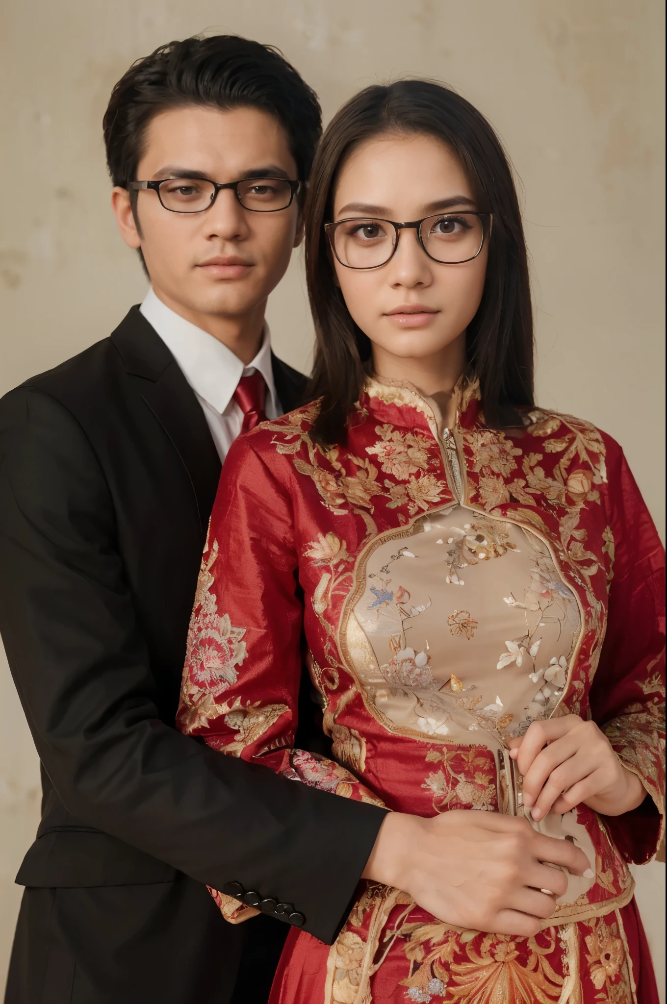 A man and girl couple with glasses,(photorealistic:1.4), best quality, masterpiece, ultra high res, (detailed face:1.2), (detailed eyes:1.2), (detailed hair:1.2), (detailed clothes:1.2), 4k, (detailed color:1.2), Indonesian