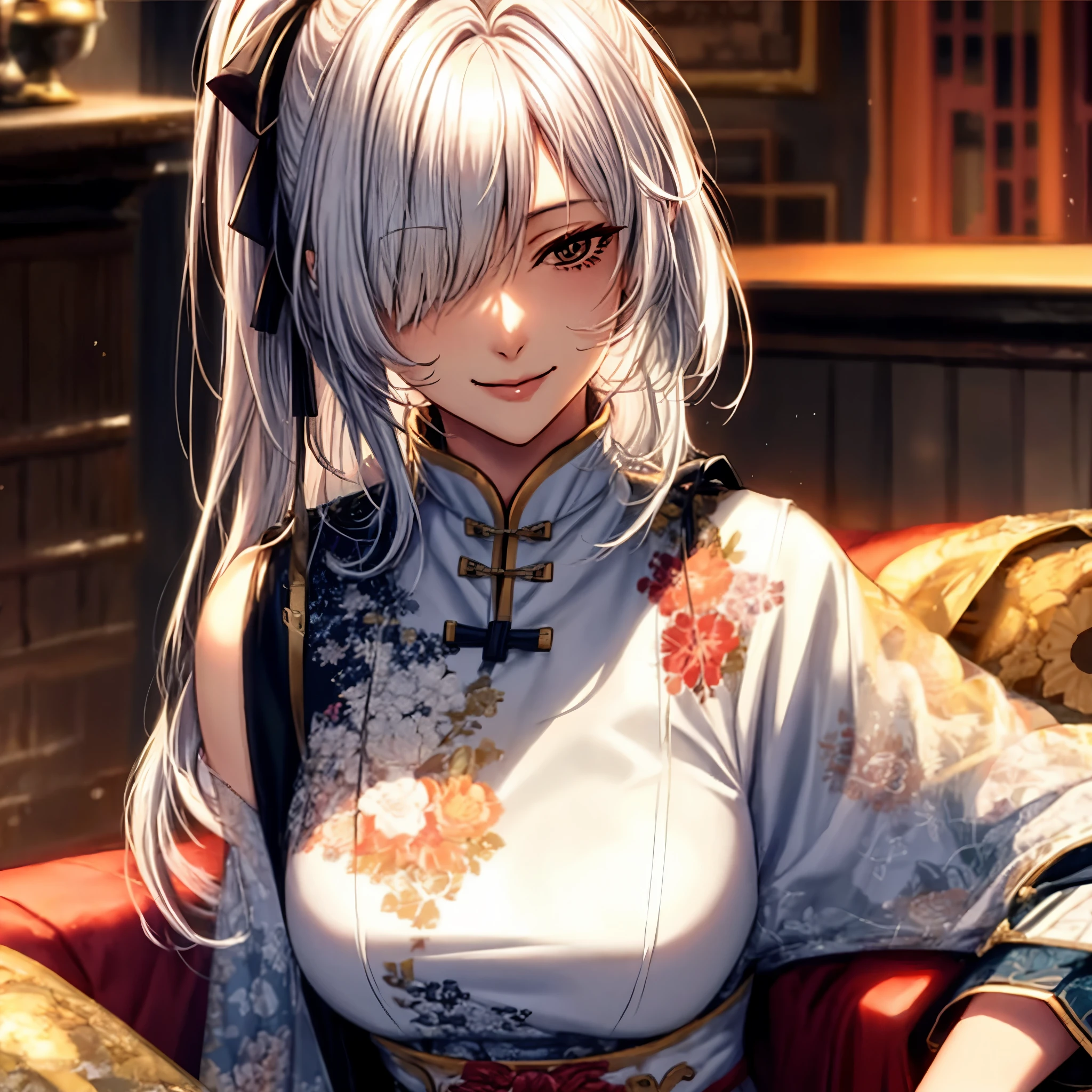 (masterpiece, top quality, best quality, official art, beautiful and aesthetic:1.2), extreme detailed, detailed background, detailed face, Jinyuan, female, feminely,  mature, middle-aged, short_ponytail, bangs, hair_ornament, long_hair, hair_over_shoulder, tied_hair, white_hair,  ((hair_over_one_eye)), white_hair, closed_mouth, smile, strong, sharp face, beautiful, Chinese, Relaxed appearance, meticulous, calm, General, Traditional attire, Confident, deep_in_thought, Strategist demeanor, broad shoulder, large volume of hair, (solo), depth of field, yellow_eyes, ahoge, hair_ribbon, large breasts，solo
sunshine, cityscape, cafe, sitting on sofa