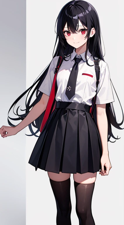 Low saturation,History of Eguchi Shou,Hibari-kun,music,head phone,boots,underfoot,15yo student,directly in front,The upper part of the body,portraitures,Standing Picture, modeled,nikke,games,cg, Best Quality, girl with, with a pure white background,sad,a smile, Long hair, White shirt,shortsleeves, seminude,Beautiful, Detailed eyes, Red eyes, Long hair, Highly detailed, finely detail, (striated hair), ((ink black hair)), (White inner hair)