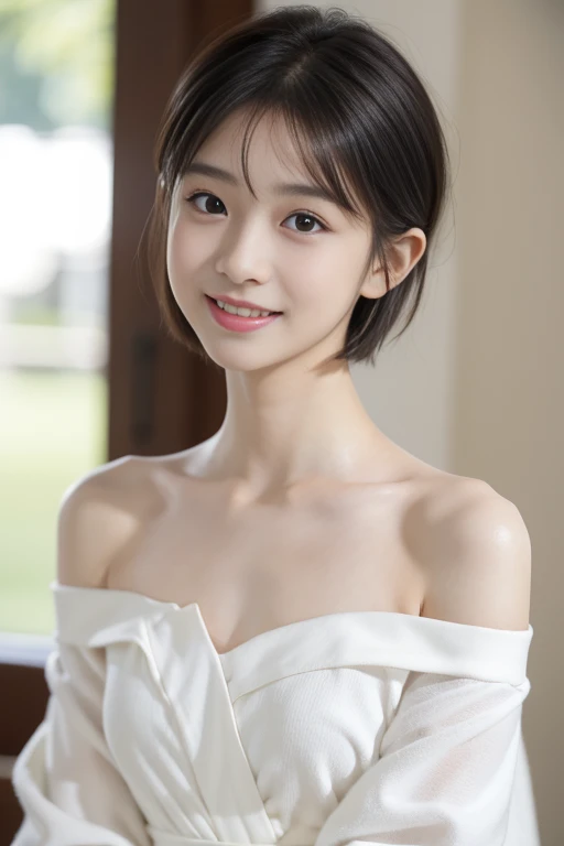 (((​masterpiece))),  (One Beautiful Japan Girl, Pure and innocent，kawaii) ，超A high resolution, Realistic, ultra-detailliert, 8K,top-quality, Extremely detailed, Detailed background,A slender,very beautiful japanese girl, Detailed face:1.3), (Boyish short-haired，A dark-haired :1.4), (a ，kawaii系,adorable 14 year o(Perfect body:1.1), robe blanche, Please show me your beautiful teeth，Bursting smile, beautiful off shoulder clavicle、Scrunchie,Super Detailed Face、Detailed lips、A detailed eye、small gravure idol，Transparent skin，Lori