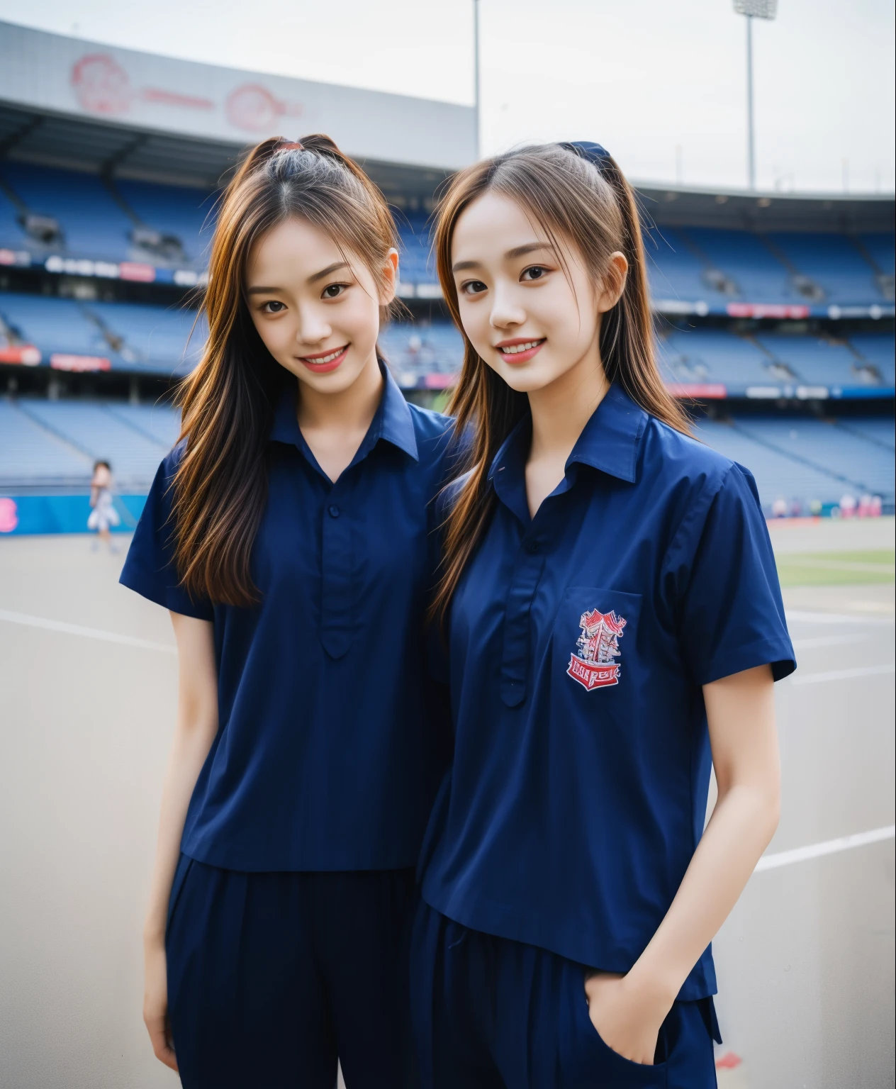 (bestquality,10,10,highres,masterpiece:1.2),ultra-detail,(Realistic,ภาพRealistic,photo-realistic:1.37),1 Cute girl in the football field,oily shiny skin,bara,light smile,BDclothelue shirt:1.3)),short sleeves,shirt, trousers.,(navy_long_ติดตามtrousers:1.1), ((Stadium Background:1.3)),dynamic angle,excited,face focus,Dynamic Poses,from behide,Ass Focus,masterpiece, bestquality, ultra realistic, hyper-detail, 8k resolution, RAW photo, crisp focus, ((Navy blue shirt:1.1)), short sleeves, เส้นทางlong, Complete bodyแบบ, 2 mature women, 18yo, cinematic light,trousersวอร์มสีน้ําเงิน,Gymware,Correct anatomy,Complete body, Correct body, sharp face, Correct bodyทางกายวิภาค, full entire body, Realistic gestures, long-haired, Realistic poses,Wear long shorts...........................................,ช่วงขาlong,Shapely,Sculpting Girl, Slender Figure, mannequin mannequins, Shapely, Beautiful body,trousersวอร์มสีน้ําเงิน, Two girls kissing