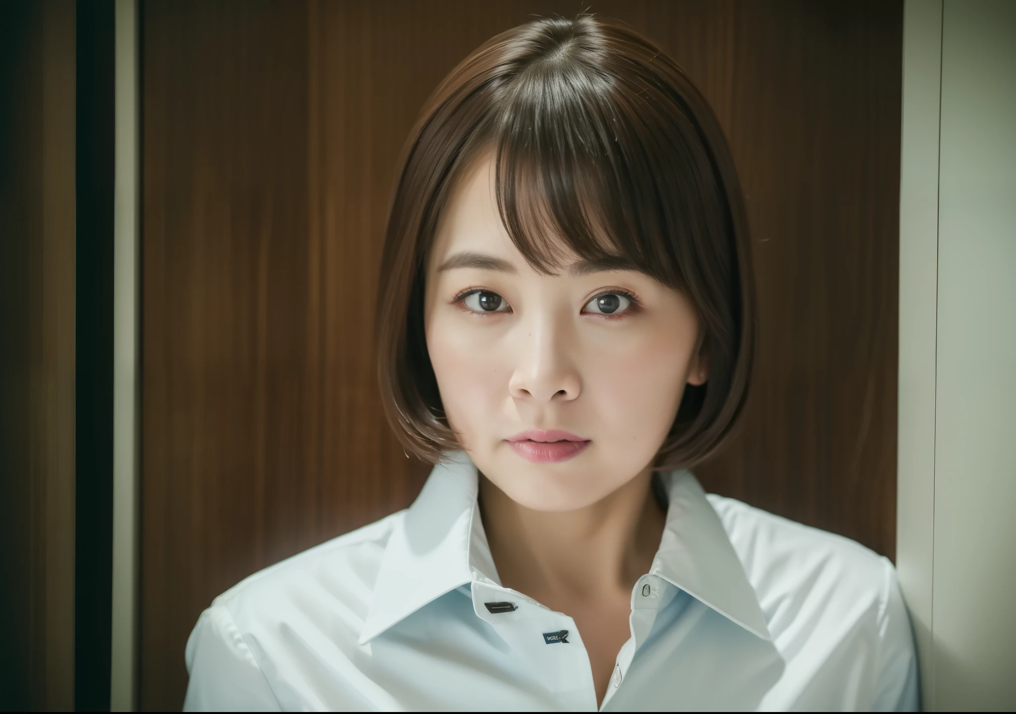((Best Quality, 8k, Masterpiece, Portrait: 1.3)), (looking at viewer), (middle shot:0.85), attractive seductive milfs, eople, a bit chubby:0.45, business suit, collared shirt, (big brests and big wasit:0.5), angry, nobody locker room,
