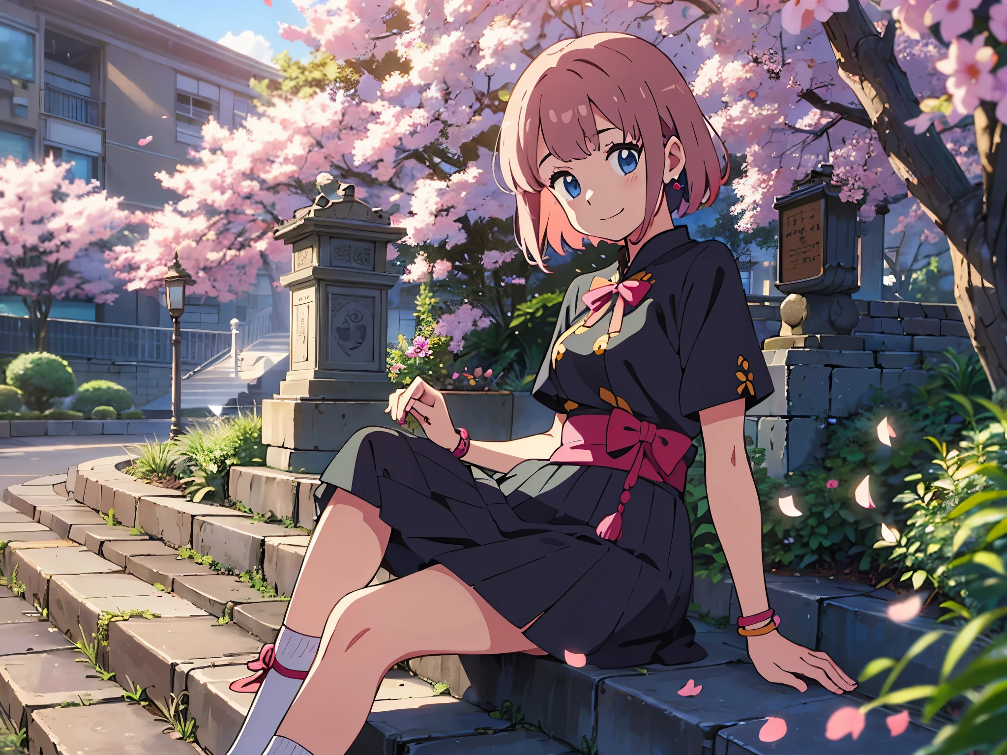 1 skinny girl,solo,cheongsam style skirt,SakuraNS树下,falling flower petals,Anime manga girl, pixiv, loli in dress, anime change, cute anime, cute anime girl, Curvy little loli, Anime visuals of a cute girl, cute anime, Anime cute art style, cute anime style,extremely detremely detailed CG,8k wallpaper,ar old,Thin eyebrows,ssmile,Pink hair,Tie twisted braids behind ears,Short hair details,Qi bangs,ssmile,sitting on stone steps,SakuraNS,Mary Jane shoes,long skirt,(whitestocking)
