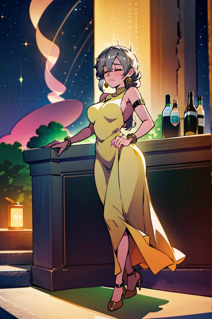 solo, 1girl, older female, mature female, TsukiUzakiR4, at outdoors night bar with starry sky. closed eyes, hair over one eye, long silver hair, medium grey hair. thicc, huge ass, huge hips, huge thighs, huge breasts, butt cleavage, open-back dress, jewelry, shiny golden sequin dress, neon earrings, glowing armlet, sparkling bracelet, smoky eyeshadow, glittery high heels, expensive handbag, full body, beautiful detailed face, detailed body, detailed outfit, ultra-detailed masterpiece, best quality, highres, absurdres, high quality, high detail, cinematic lighting