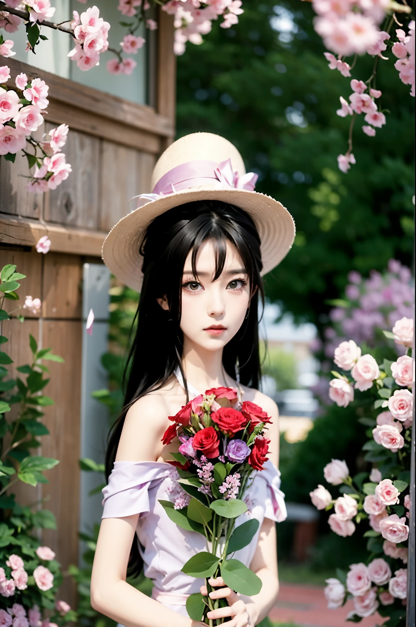there is a woman in a hat holding a bouquet of flowers, inspired by Sim Sa-jeong, my dress up darling anime, anime styled 3d, with flowers, rin tohsaka, 3d anime girl, inspired by Miwa Komatsu, inspired by Ikuo Hirayama, inspired by Yuki Ogura, inspired by Hisui Sugiura