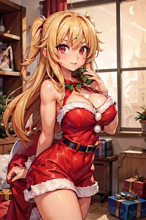 gran calidad ++ Extremely detailed high resolution, very aesthetic, ojos expresivos, (((Cara perfecta))), (((face symmetrical))), ((good anatomy)), (((manos perfectas))), (((8k))), UHD, Fondo de pantalla HD, (((alta calidra detallada, (((1girl))), Gilgamesh \(destino\), Genderswap, ((((cuerpo completo)))), (((senos medianos))), (((hombros estrechos))), (((cintura estrecha))), (((sntdrs))), (((red santa dress))), (((usando un atuendo de Santa Claus con+sosteniendo una bolsa de regalo))),