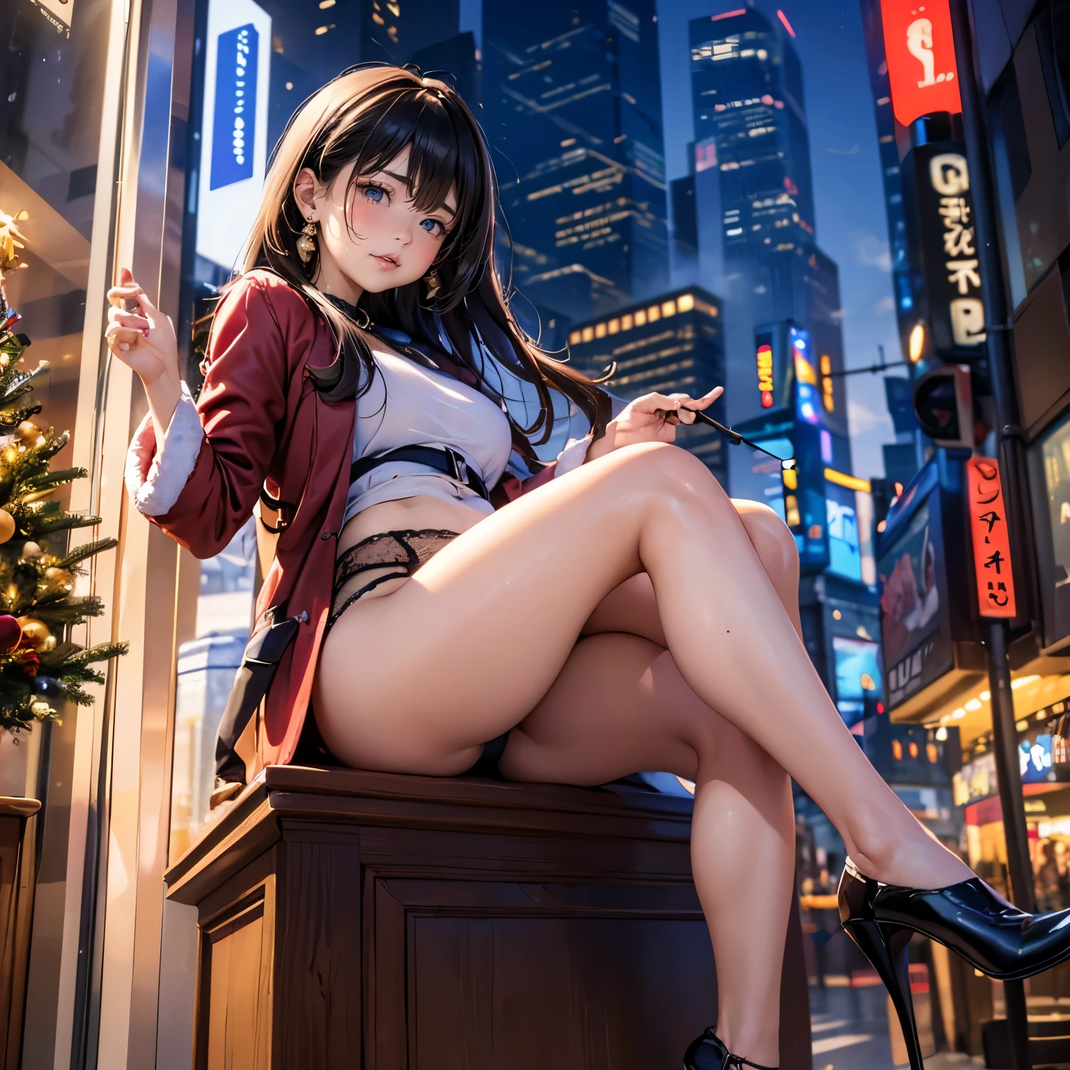 (((the famous place or in front of the famous object in NY on Christmas day, steam vending from the road))), ((winter clothes with Christmas colors)), (show off the panties), elaborately designed luxury panties for adults, panties high definition images, draw panties with super precision, panties with Christmas colors, eccentric pose, open legs, raise leg, (drooping eyes, sleepy, ecstasy face, blush, mouth is slightly open), earrings, many people pass,