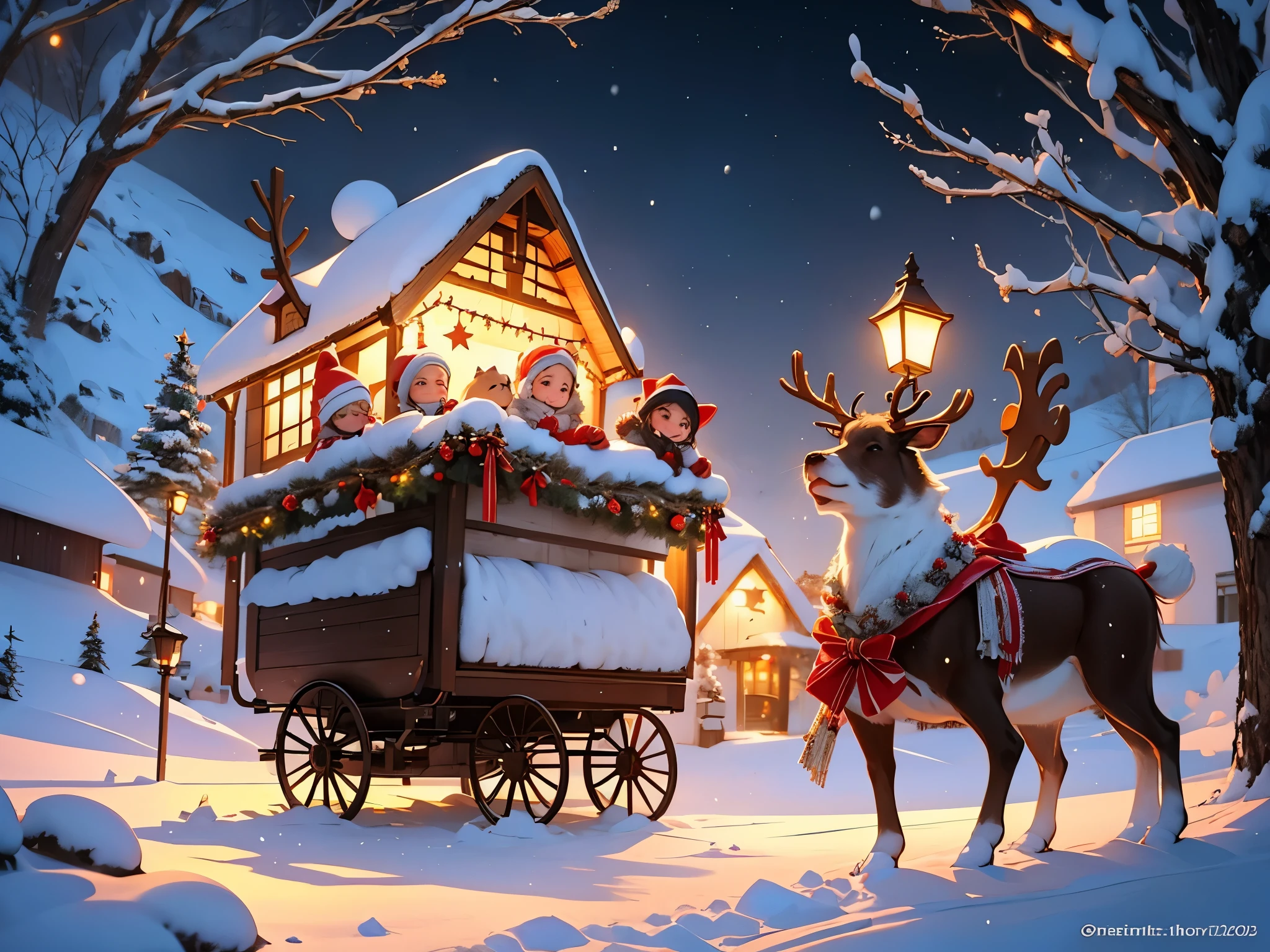 (best quality,4k,highres,masterpiece:1.2),vivid colors,Christmas stickers,playful and festive atmosphere,beautifully decorated Christmas tree,ornaments and lights,joyful and merry celebration,warm and cozy ambiance,delightful holiday cheer,happy children opening presents,family gathering around the fireplace,magical snowfall,sparkling decorations,cheerful Santa Claus with a bag of gifts,adorable reindeer pulling Santa's sleigh,glowing candles and twinkling stars,joyful carol singing and laughter,snow-covered landscape with cozy cottages,hot chocolate and cookies,heartwarming moments of love and togetherness,memorable Christmas memories.