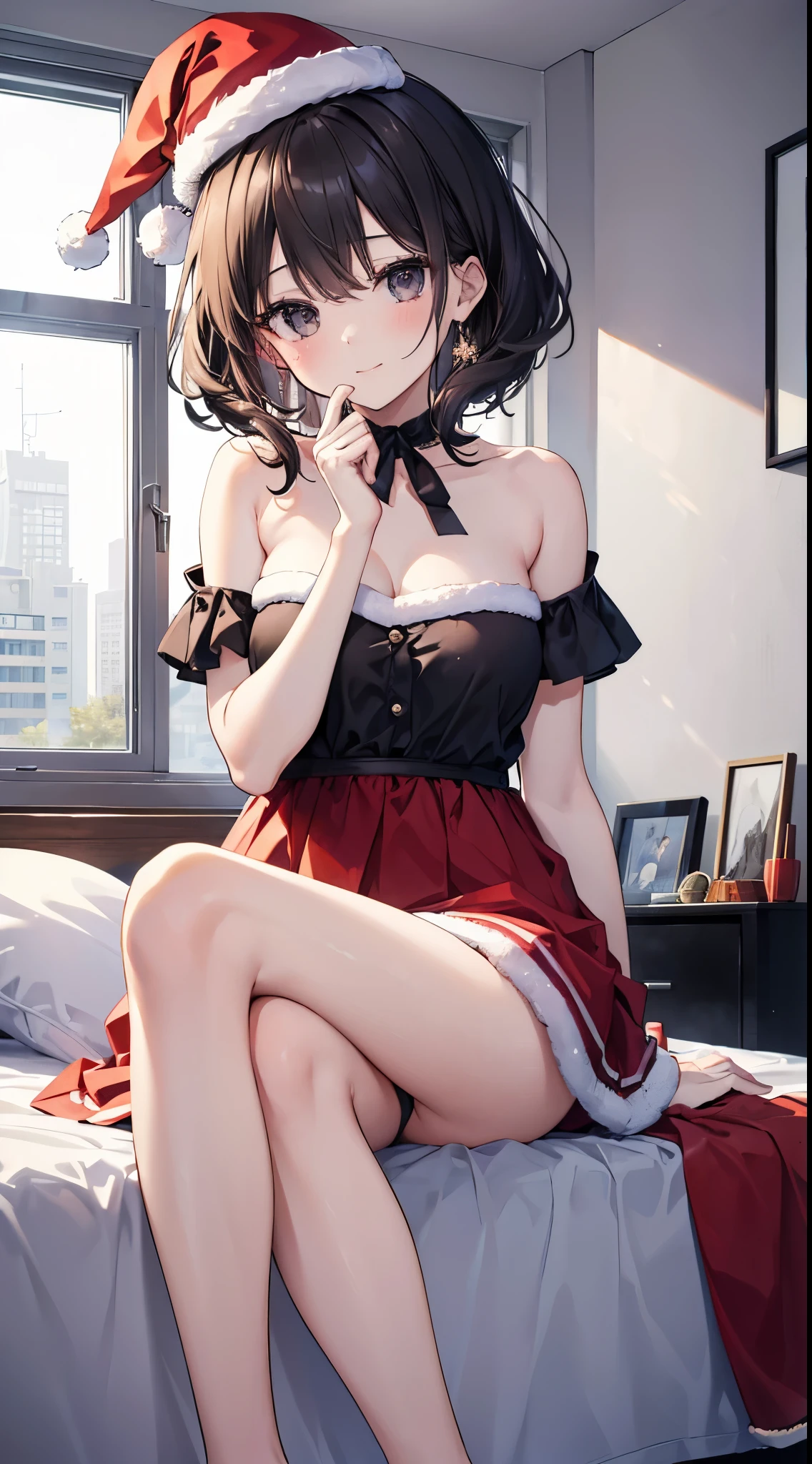 (8K、Top image quality、top-quality、masterpiece)、A detailed face、1 girl in、A dark-haired、((Long))、black eyes、A slight smil、Moderately breasts、Santa Hat、santa costume、off shoulders、Strapless、Put your hand to your mouth、a miniskirt、black panties、sitting、knees up、((natta))、window、yuki、sit on a bed、bedroom background