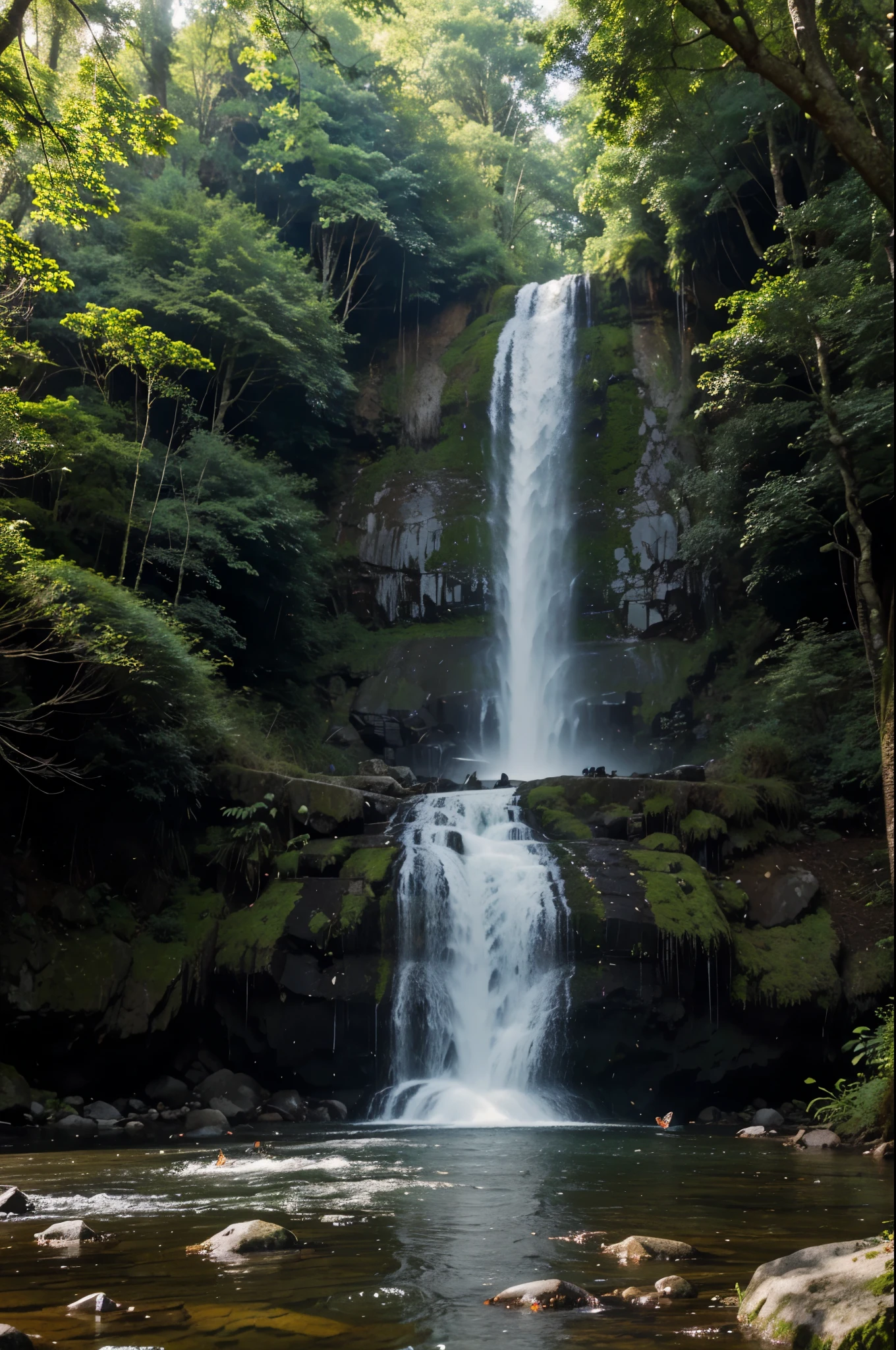 In the forest,the waterfall,its' had 3 stairs, ((masterpeices)),water is falling to the big rocks,middle rocks,little rocks and pebbles ,water bubbles are floation throw away by stream,waterfall's near the tall trees,middle plants and bushes,morning 7:00am,summit rising on waterfall,((butterflies and birds are there)),10k,digital.