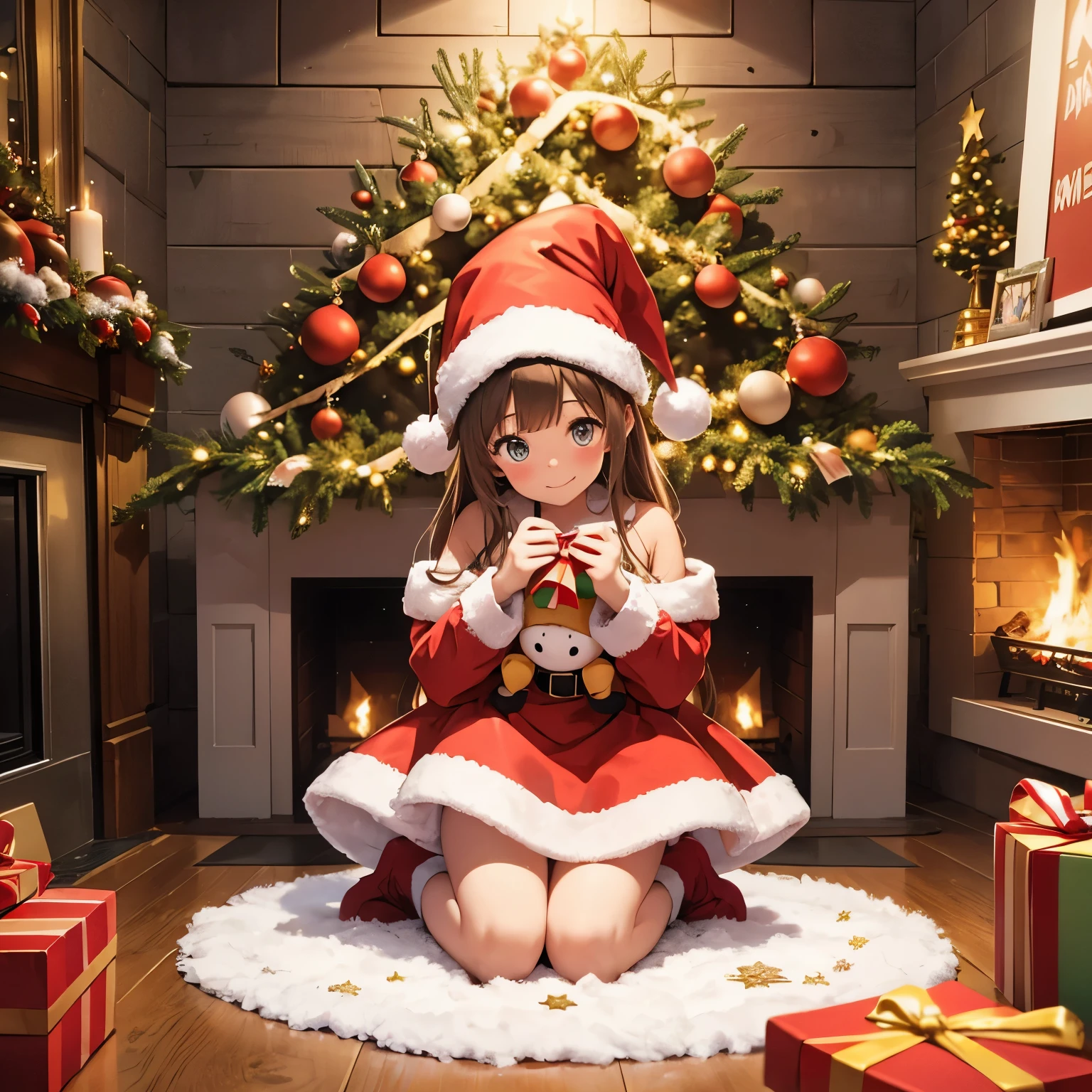 finest image, girl in Santa Claus costume, happy, shy, stuffed toy, Christmas tree, Christmas gifts, snow, fireplace, decoration, starry sky, stickers
