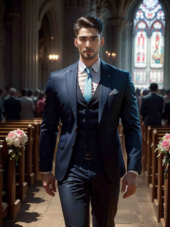 (k hd，(8K分辨率)，professional photoshooting，profesional lighting，two very attractive men，30 age old，Big handsome guy，sbeard，brush cut，Blue eyes，(ssmile)，Tall, cool and handsome，cool guy，A person holds a bouquet of blue roses in his hand，elegant suit，Impressive appearance，In a luxurious and modern cathedral，Very happy walking side by side，The church was full of people and it was a happy, Perfect and highlight moments of their lives.，HUltra cannon，细节delicated完美，best qualityer，delicated，highly  detailed。超高分辨率，Complicated detailinely detailled，physically-based renderingt，Good balance，edge lit，tack sharp focus，photograph of-realistic，photorealistic  art，HDR，realistic model