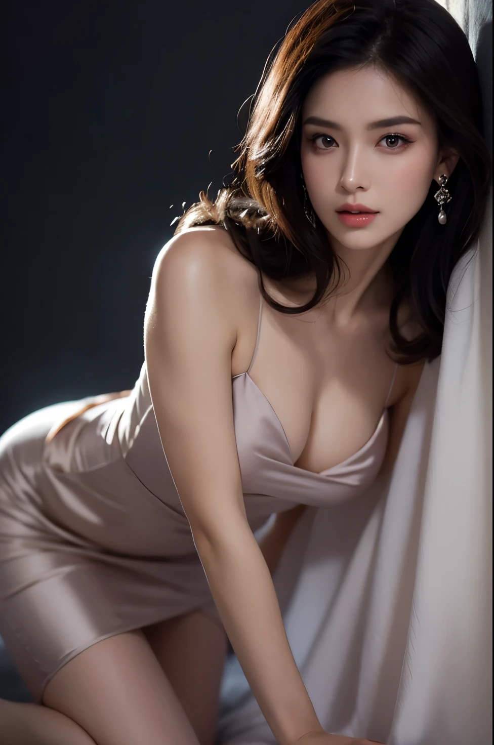 Elegant, expressive pose, dark hair, piercing eyes, soft lighting, evening gown, jewelry, blurred background, high resolution.