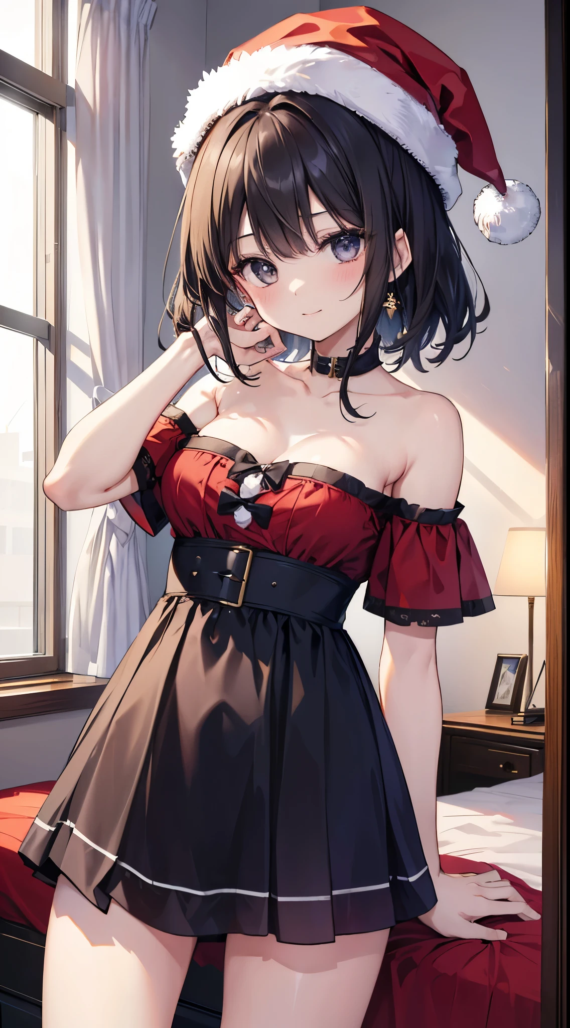 (8K、Top image quality、top-quality、masterpiece)、A detailed face、1 girl in、A dark-haired、((Long))、black eyes、A slight smil、Moderately breasts、Santa Hat、santa costume、off shoulders、Strapless、Put your hand to your mouth、a miniskirt、black panties、standing split、((natta))、window、yuki、cowboy shot、bedroom background