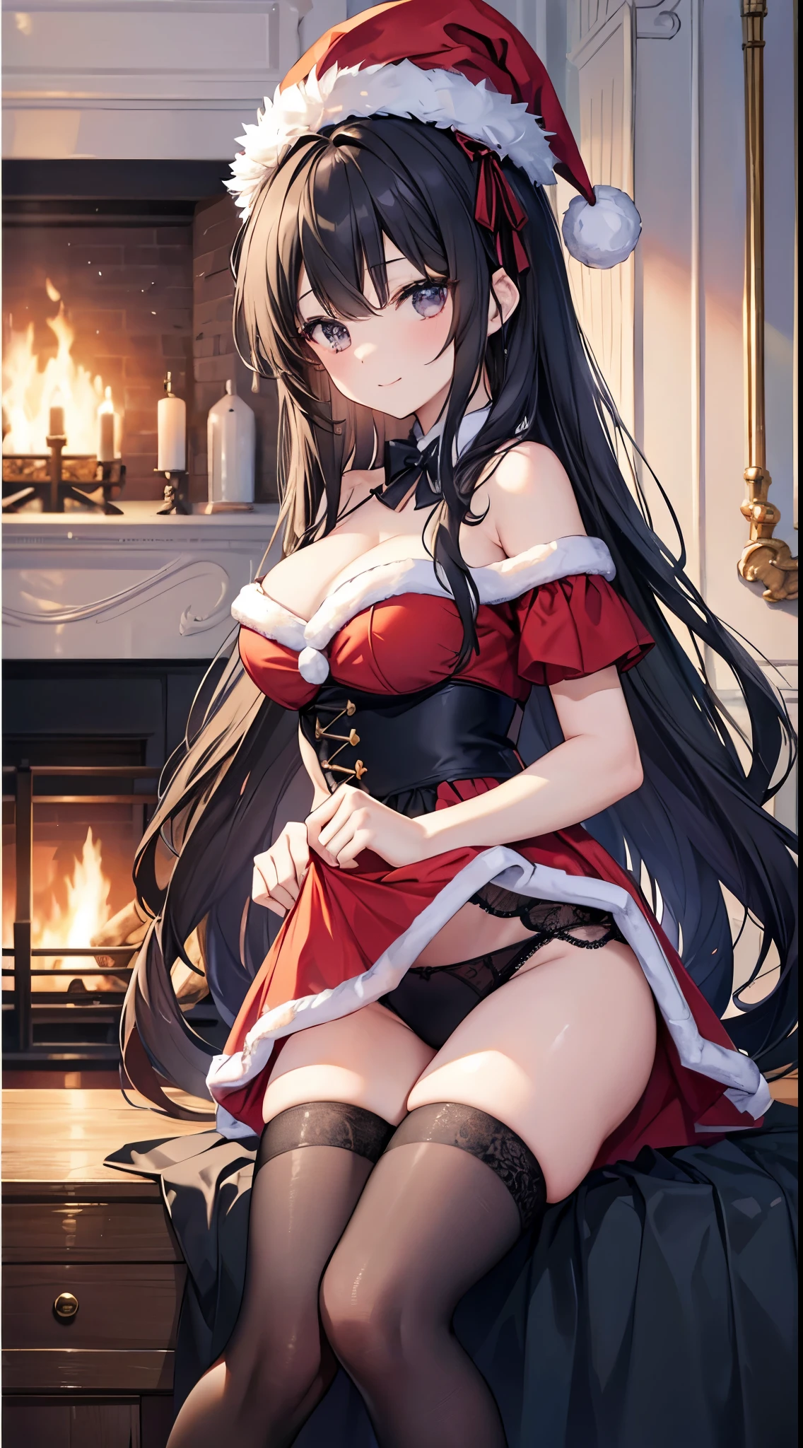 (8K、Top image quality、top-quality、​masterpiece)、A detailed face、1 girl in、A dark-haired、((Long))、black eyes、A slight smil、Moderately breasts、Santa Hat、santa costume、off shoulders、Strapless、a miniskirt、black lace panties、((skirt lift))、cowboy  shot、Christmas tree、fireplace、Luxury room background