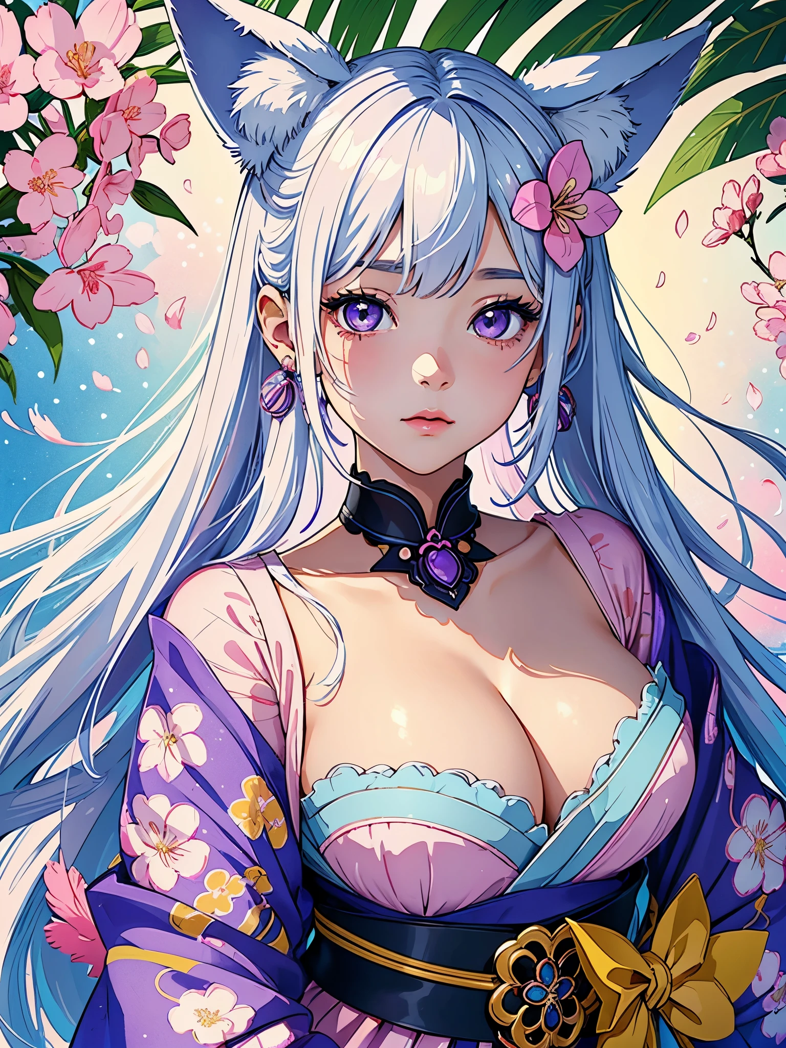 Create digital artwork in pop art style、ディテールが施されたFox earsの女の子が特徴です、1 girl、mideum breasts、Starry eyes、blush、Unique、(1 girl: 1.4)、White hair、Fox ears、Purple eyes、Perfect face、Detailed face、Perfect body、Beautiful eyes、Beautiful face、(bright skin: 1.4)、Idol、(Full body)、Priestess of the Japan Clothes、Street fashion、Movie color schemes、Surrounded by vintage floral motifs、Vivid brush strokes、Emotions must be dynamic、Upper body、Drawing、Illustration、grayscales、Tropical、many cherry blossoms、