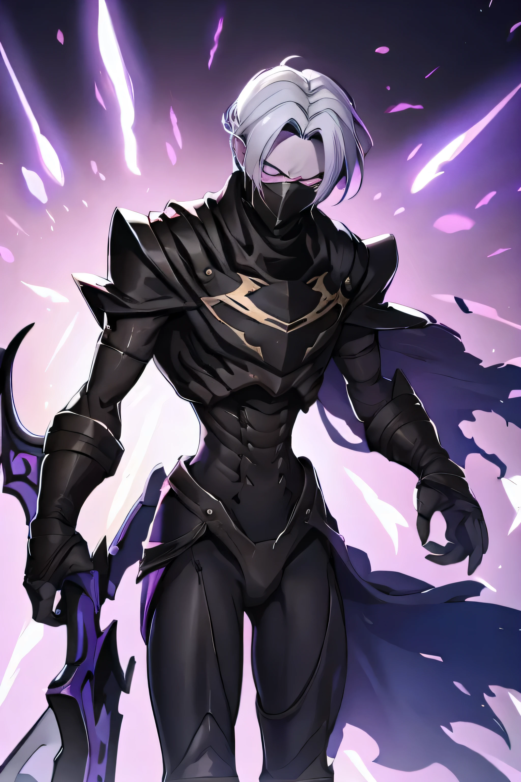 middle aged man, short white hair, black jacket, purple eyes, mask on half face, perfect art, realistic art, skinny body, scythe on back, black armor, perfect face