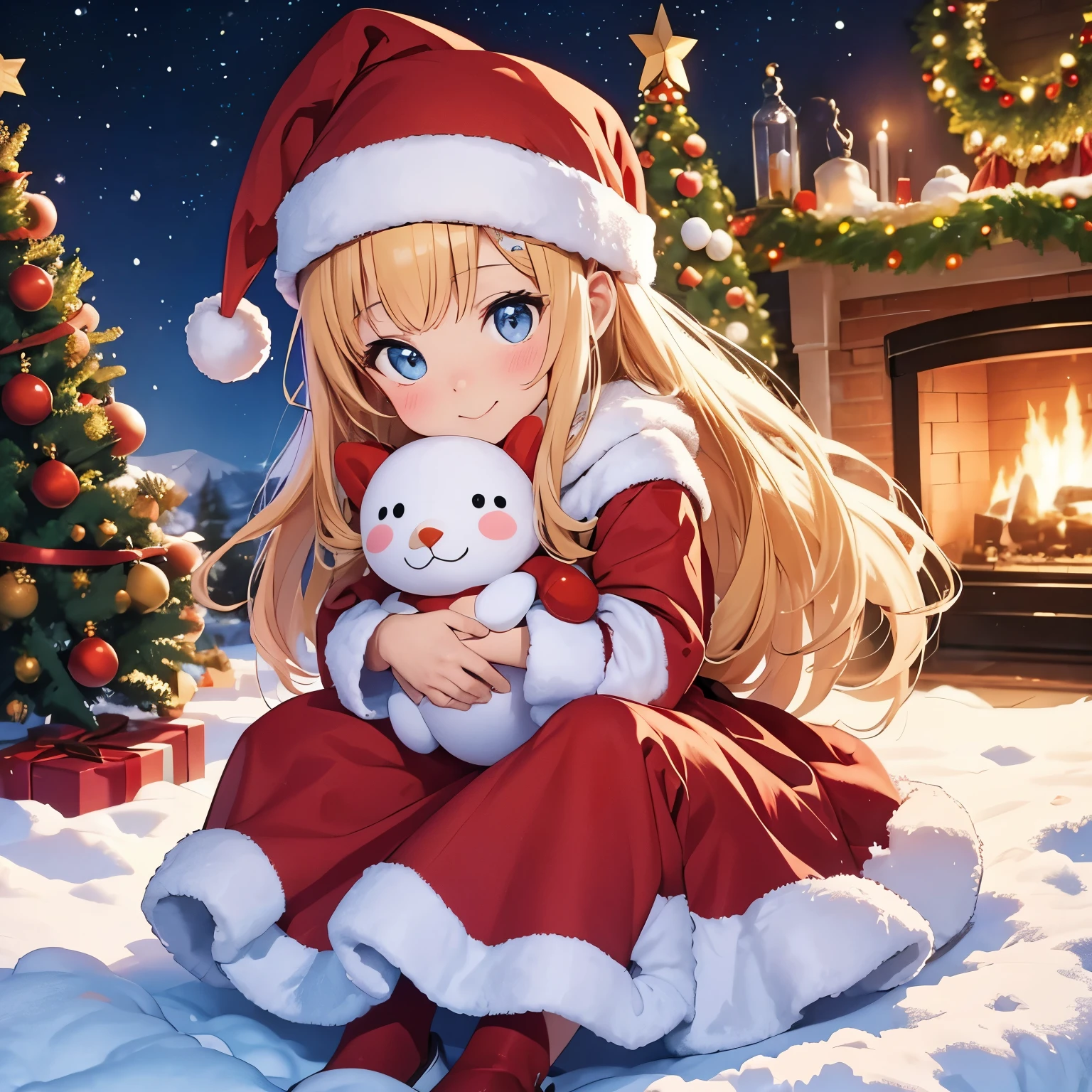 finest image, girl in Santa Claus costume, happy, shy, stuffed toy, Christmas tree, Christmas gifts, snow, fireplace, decoration, starry sky, stickers